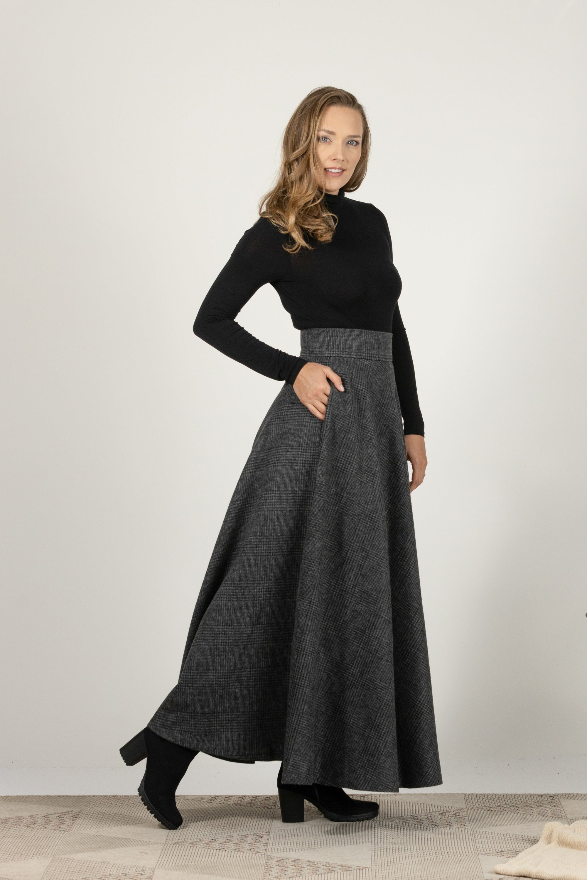 Brown Plaid High Waisted Wool Maxi Skirt