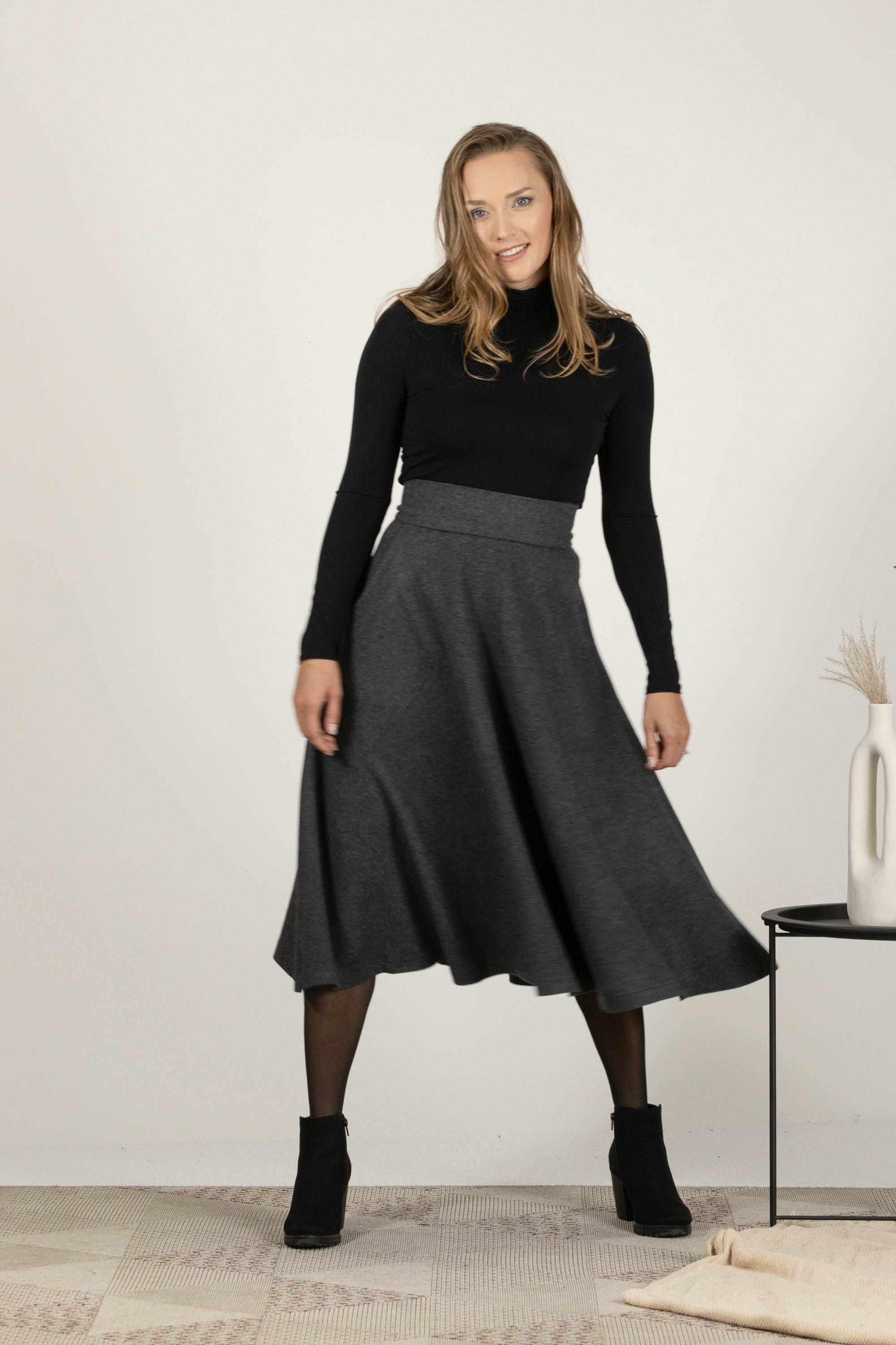 Dark Gray High Waist Wool Midi Skirt