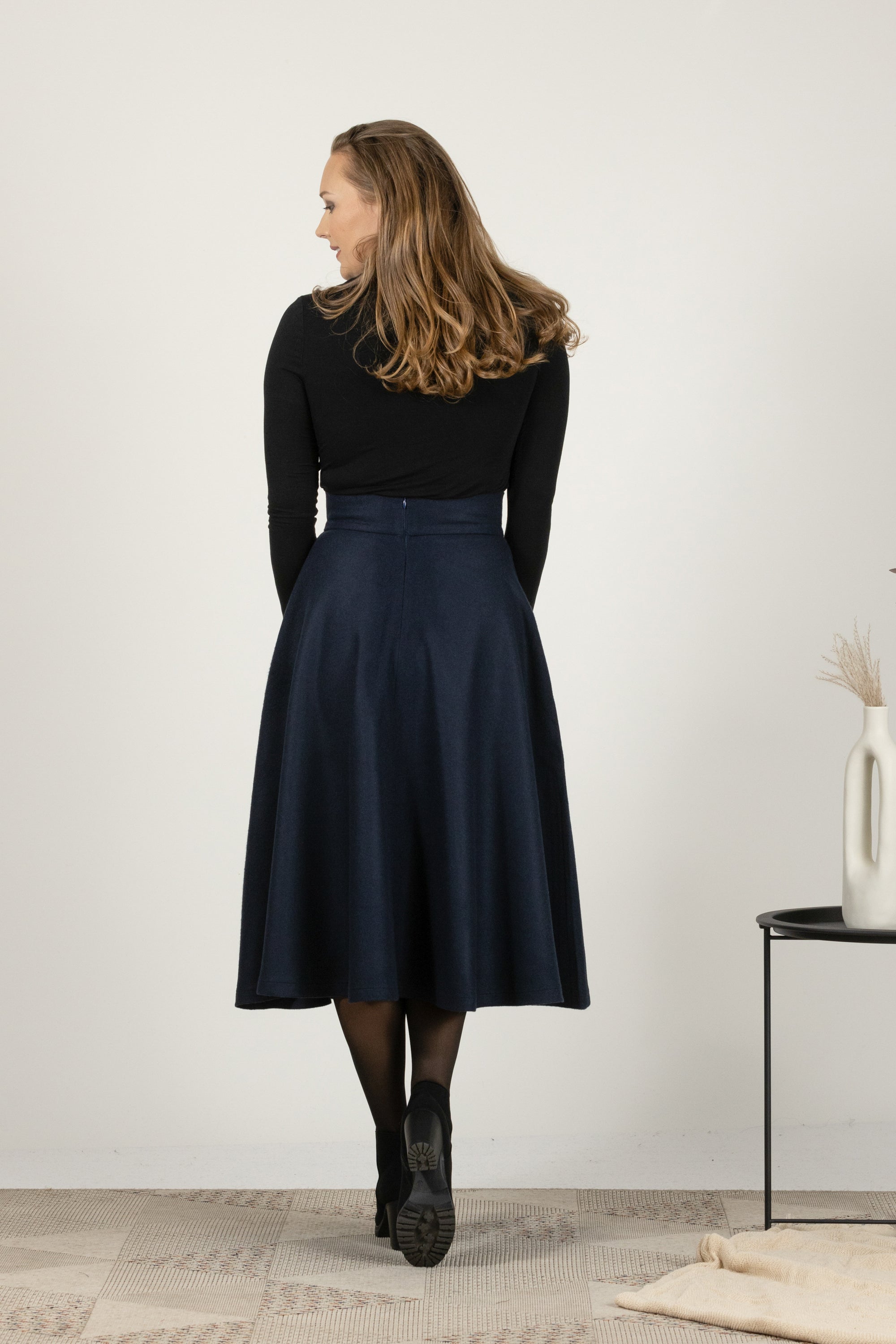 Dark Blue High Waist Wool Midi Skirt from NikkaPlace | Effortless