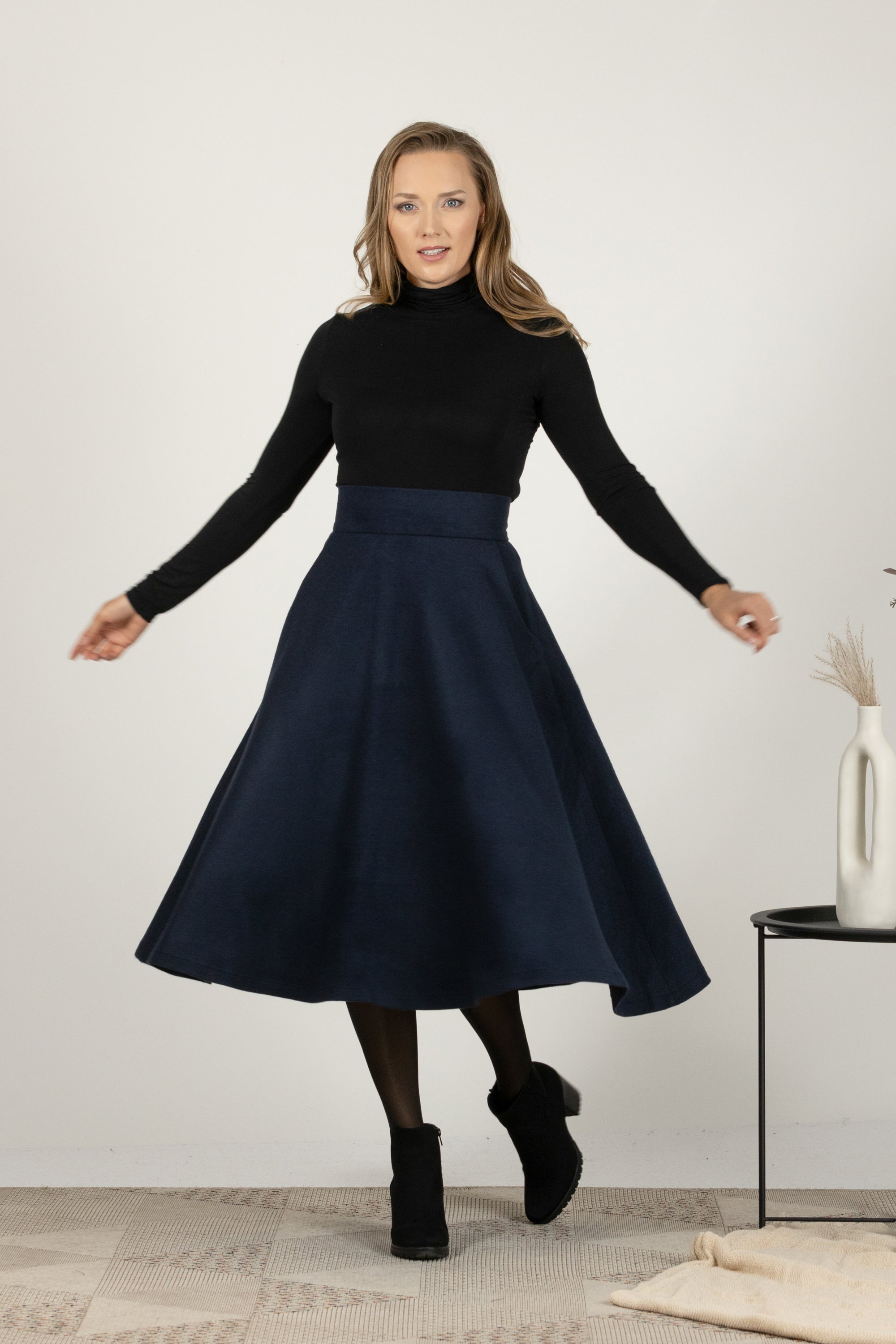 Dark Blue High Waist Wool Midi Skirt from NikkaPlace | Effortless