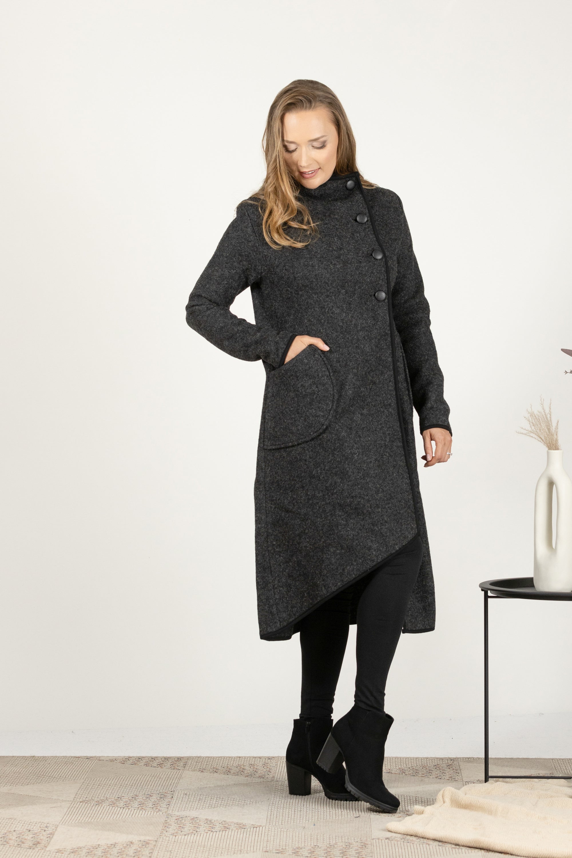 Charcoal Boiled Wool Coat with Pockets