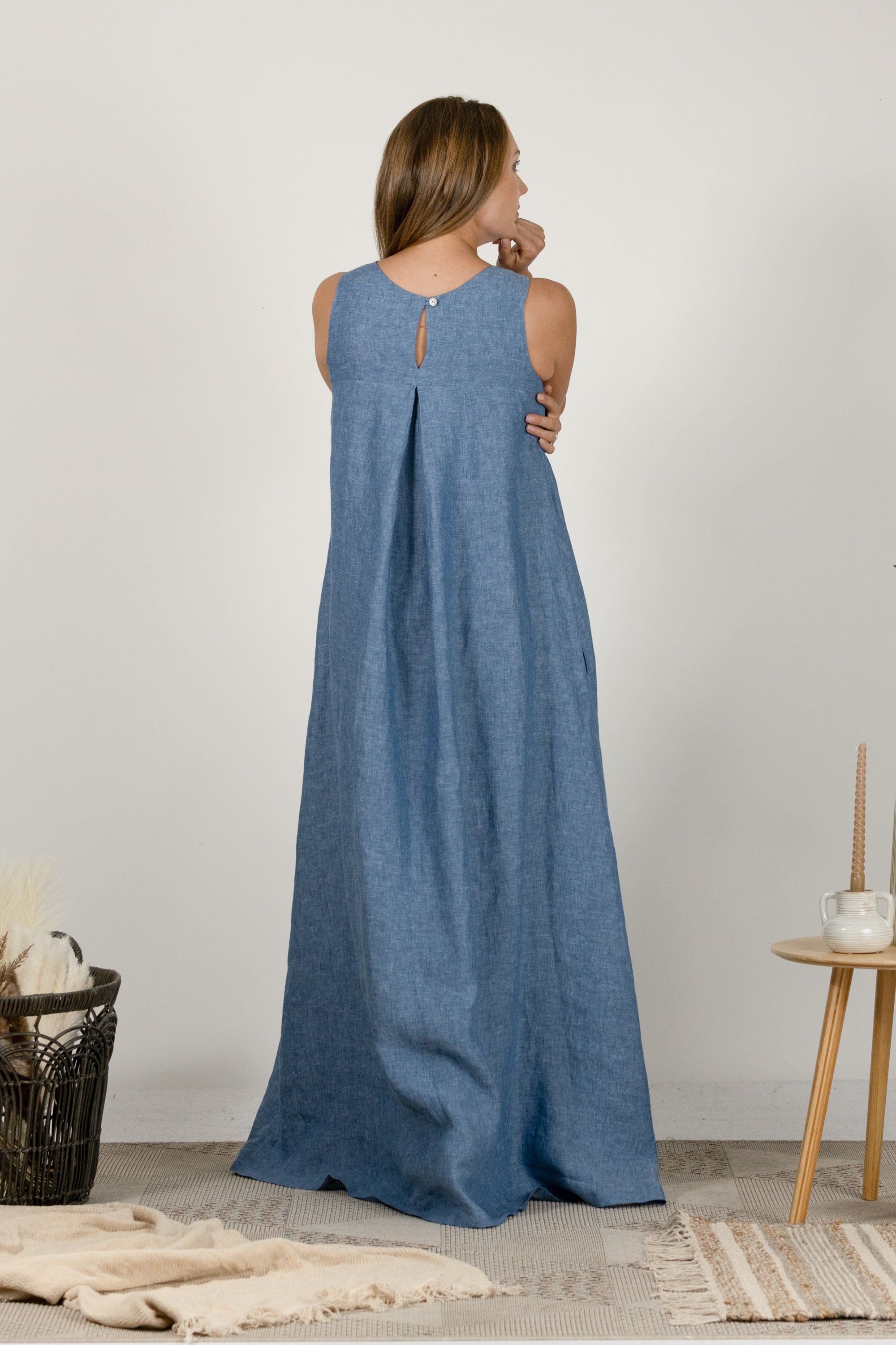 Blue Melange Loose Linen Maxi Dress