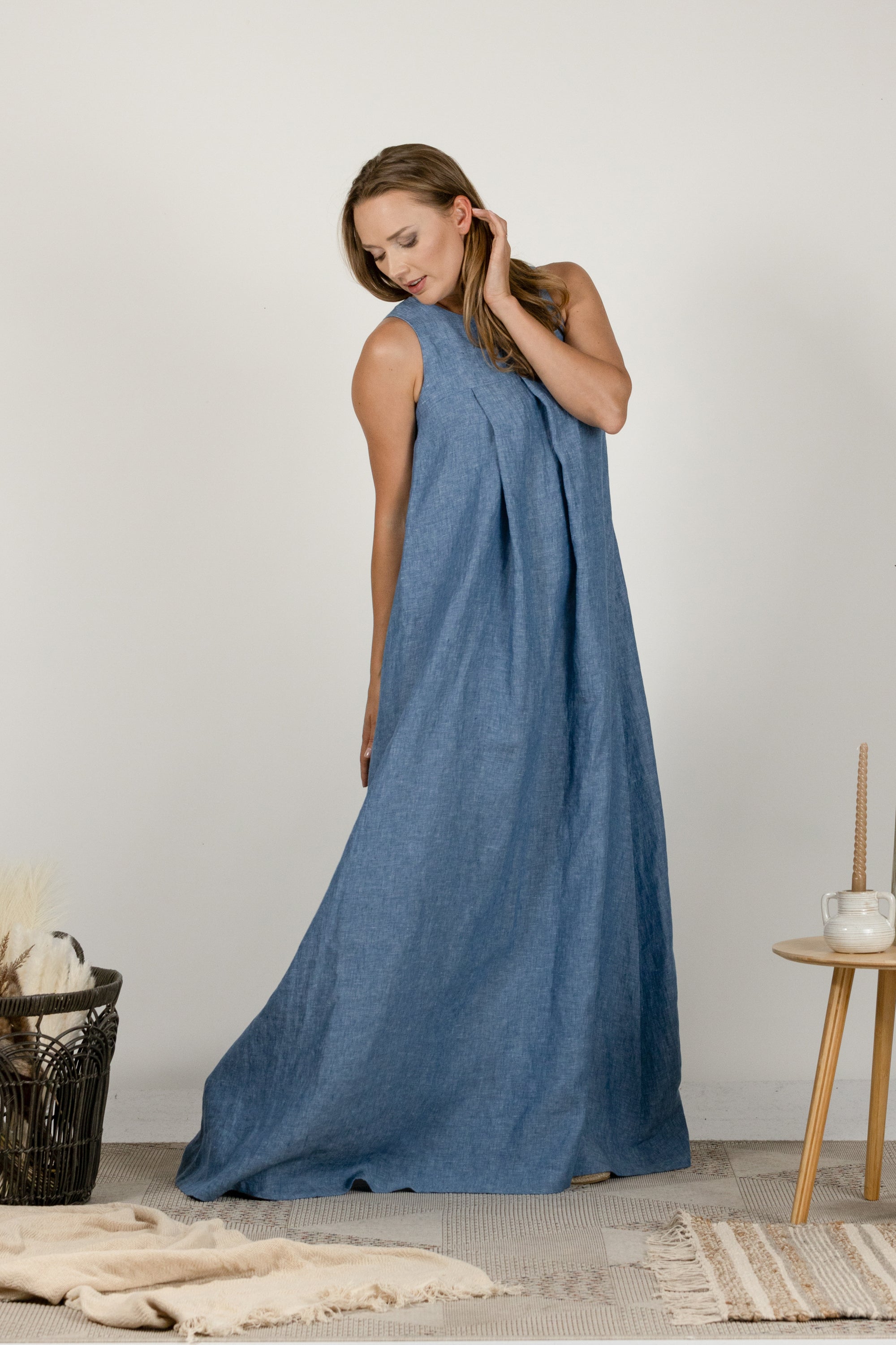 Blue Melange Loose Linen Maxi Dress