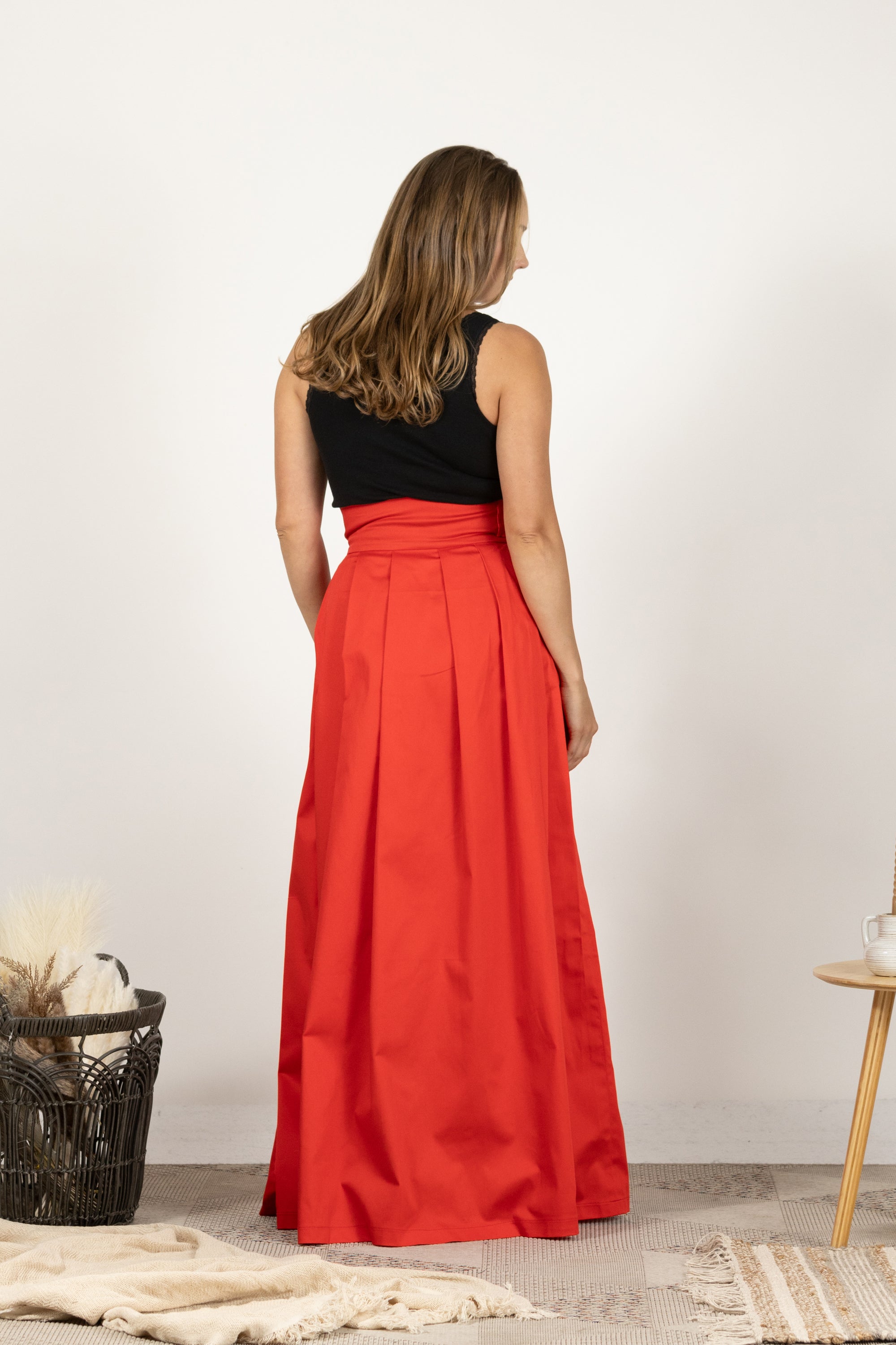Red High Waist Pleated Maxi Skirt