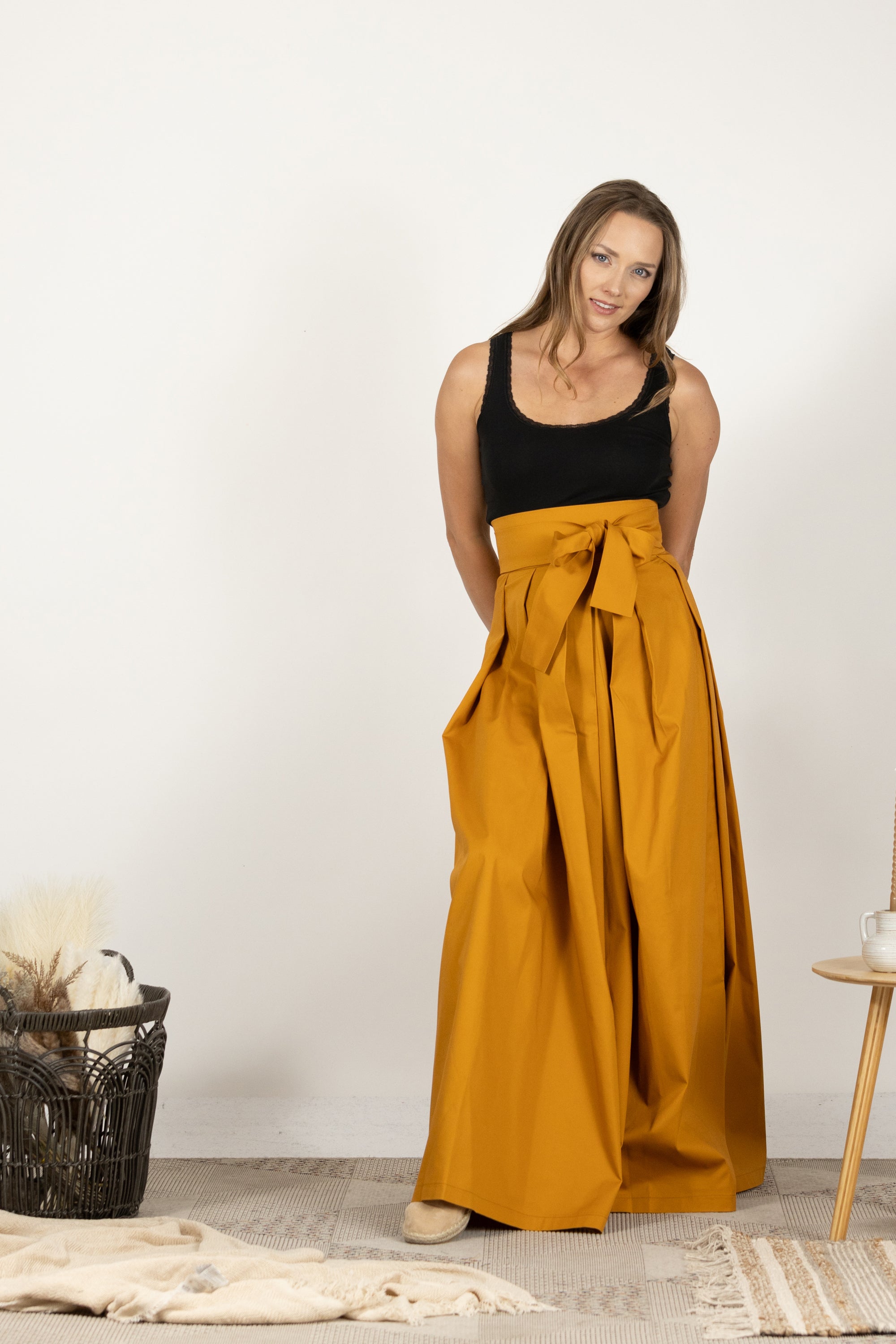 Deep Yellow High Waist Pleated Maxi Skirt