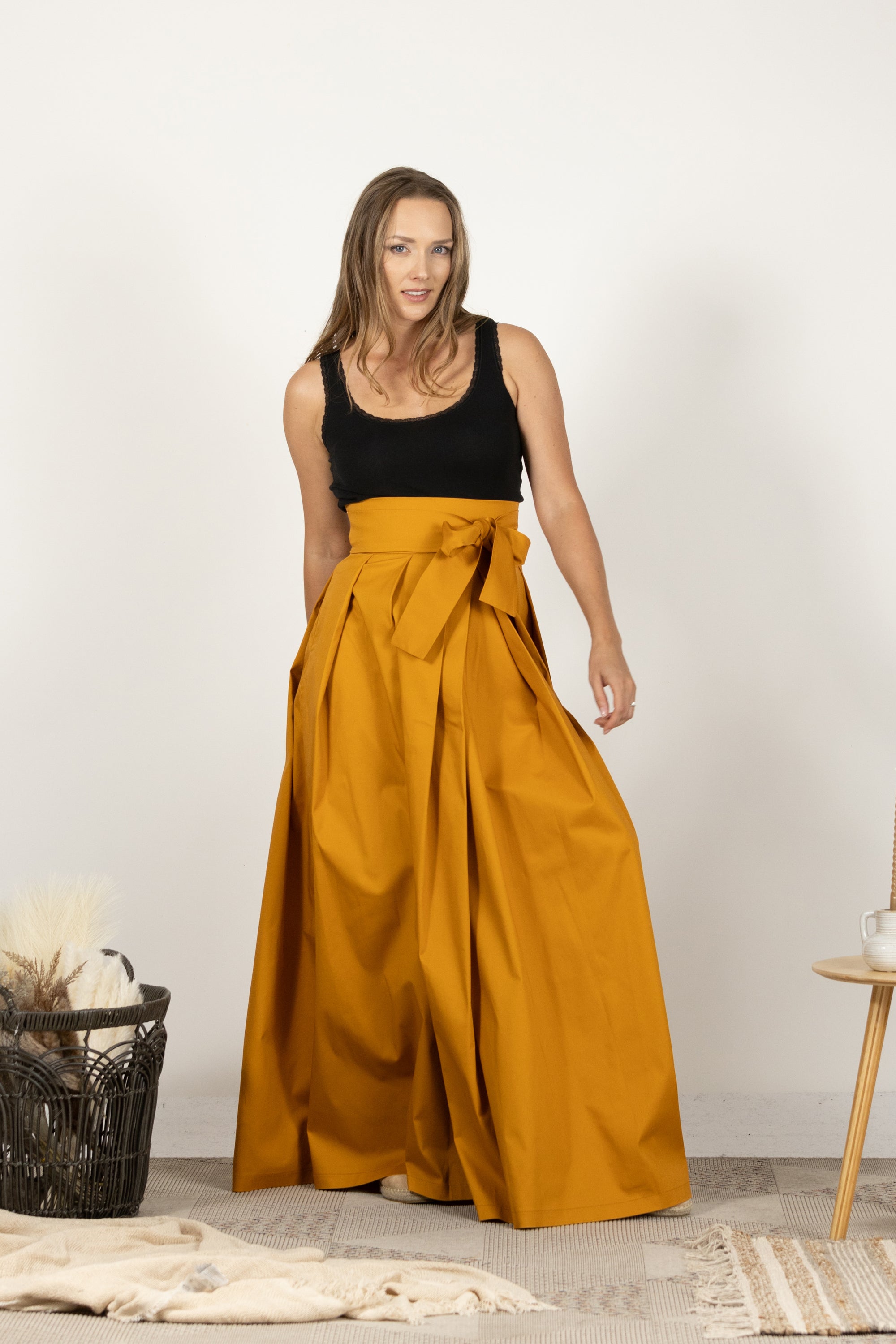 Deep Yellow High Waist Pleated Maxi Skirt