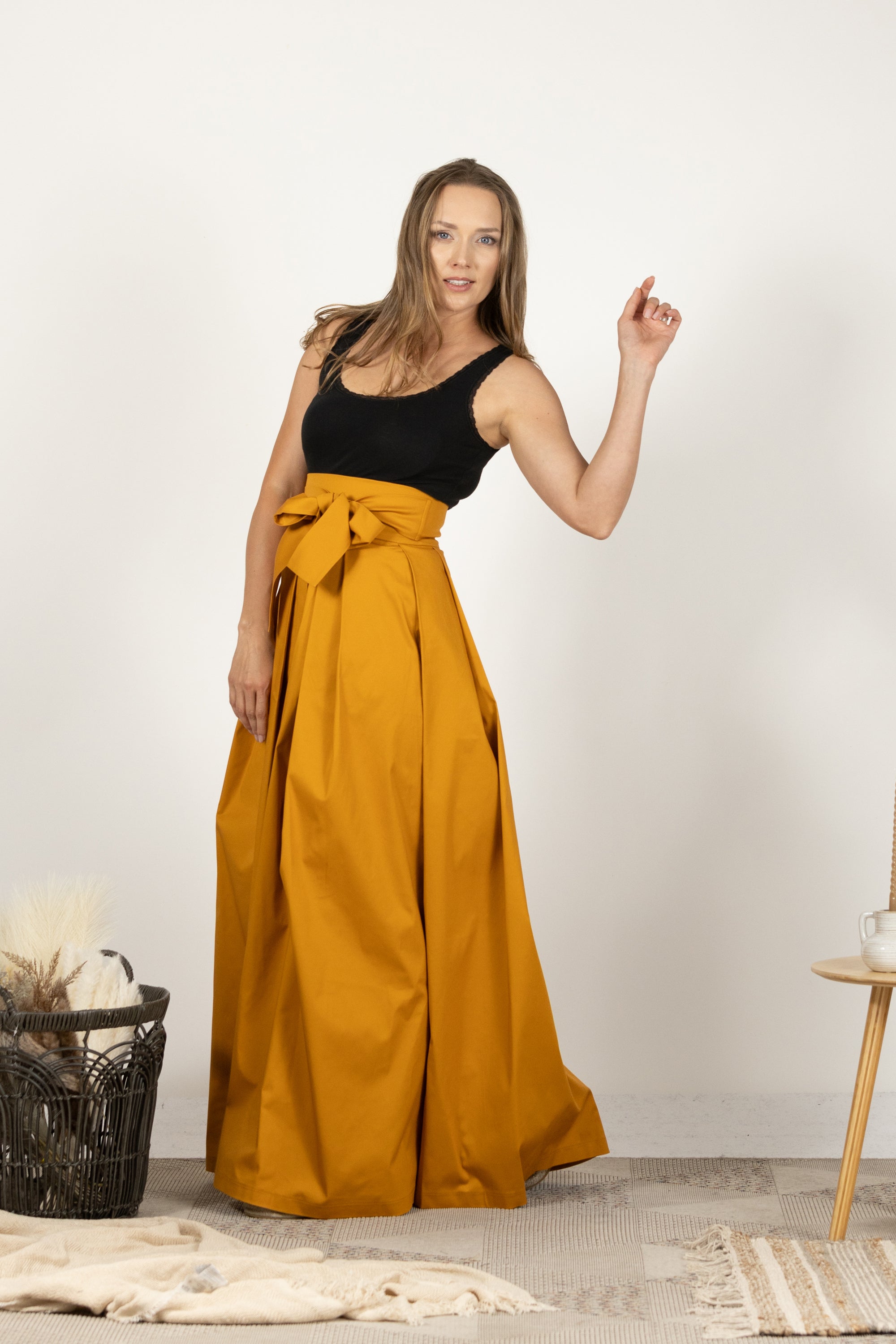 Deep Yellow High Waist Pleated Maxi Skirt