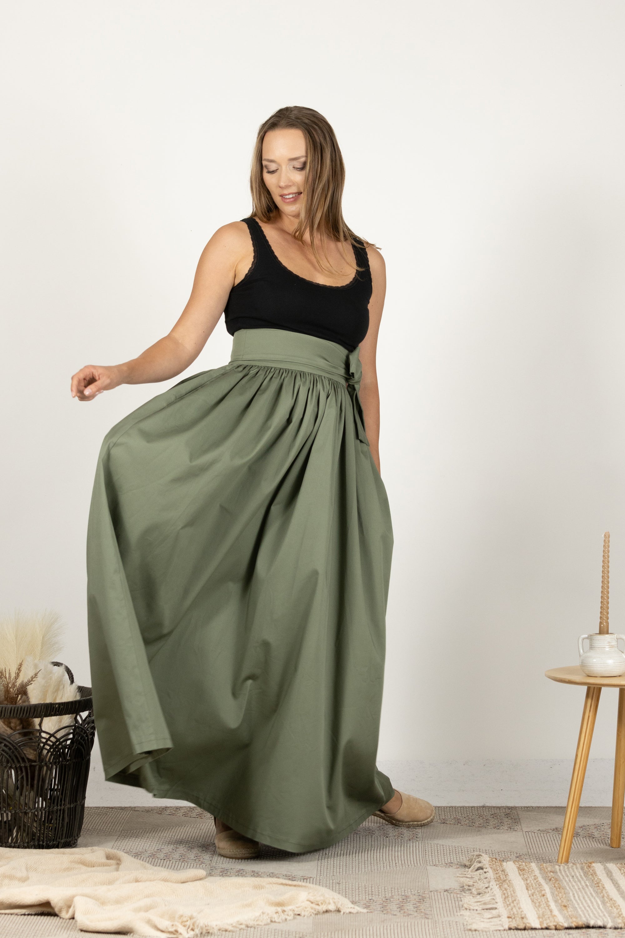 Sage Green Loose High Waist Skirt with Pockets