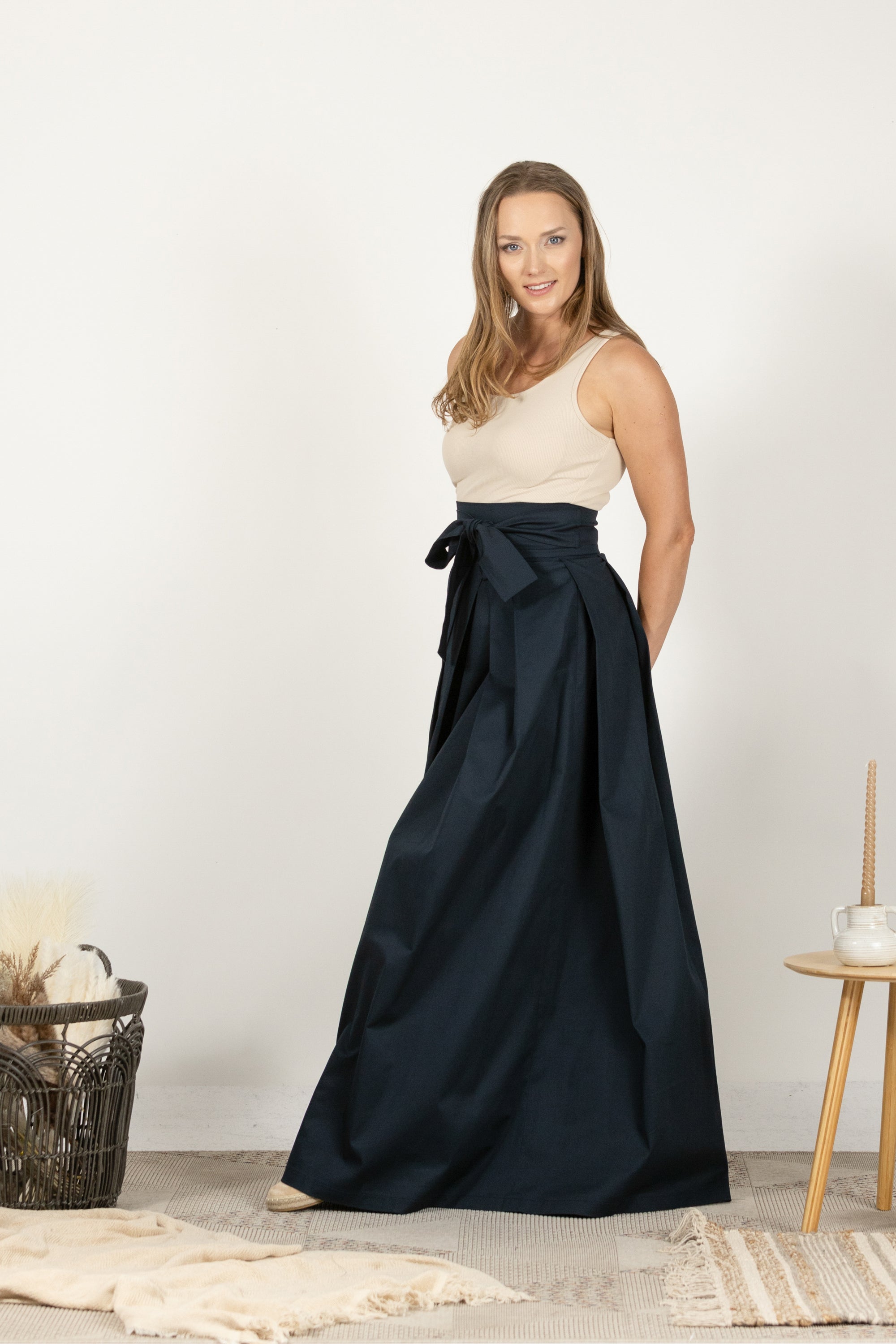 Dark Blue High Waist Pleated Maxi Skirt