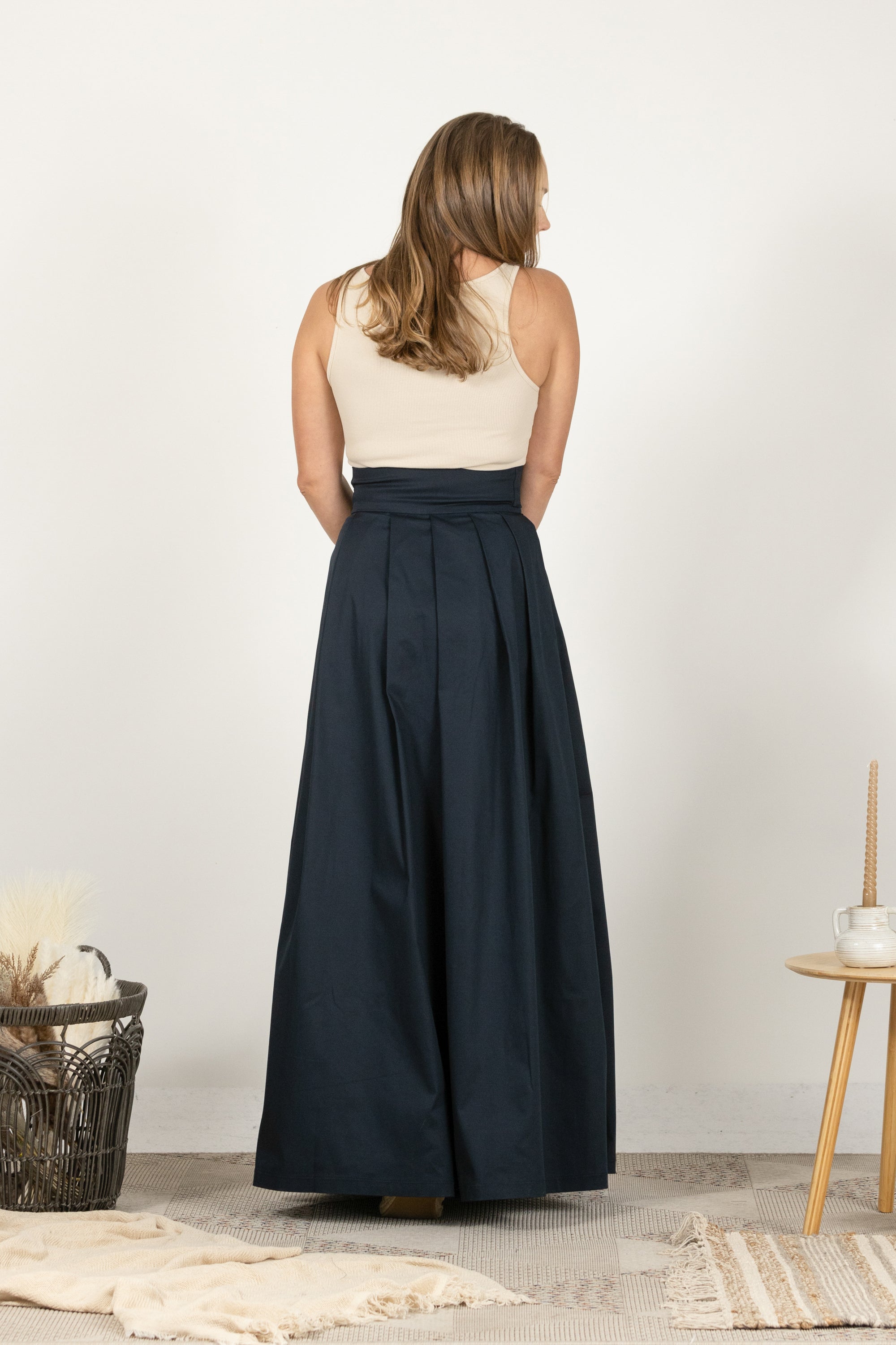 Dark Blue High Waist Pleated Maxi Skirt