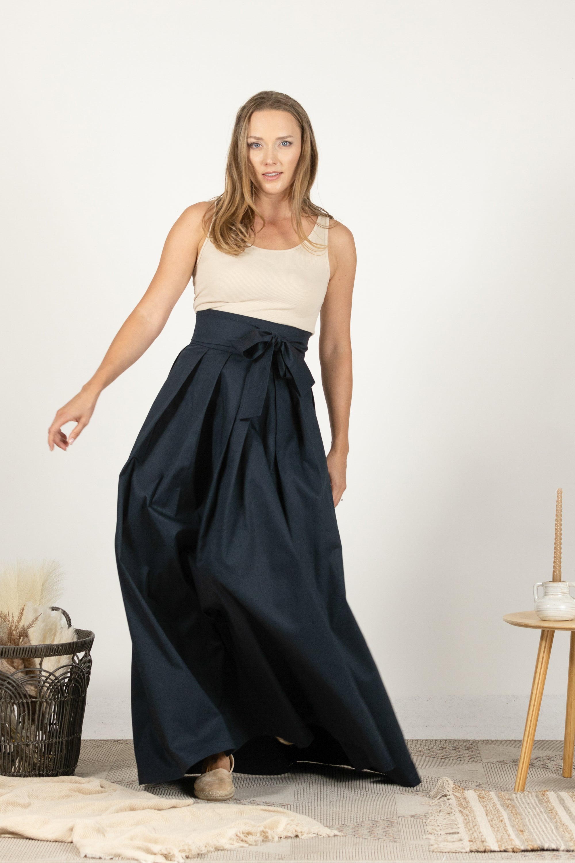 Dark Blue High Waist Pleated Maxi Skirt