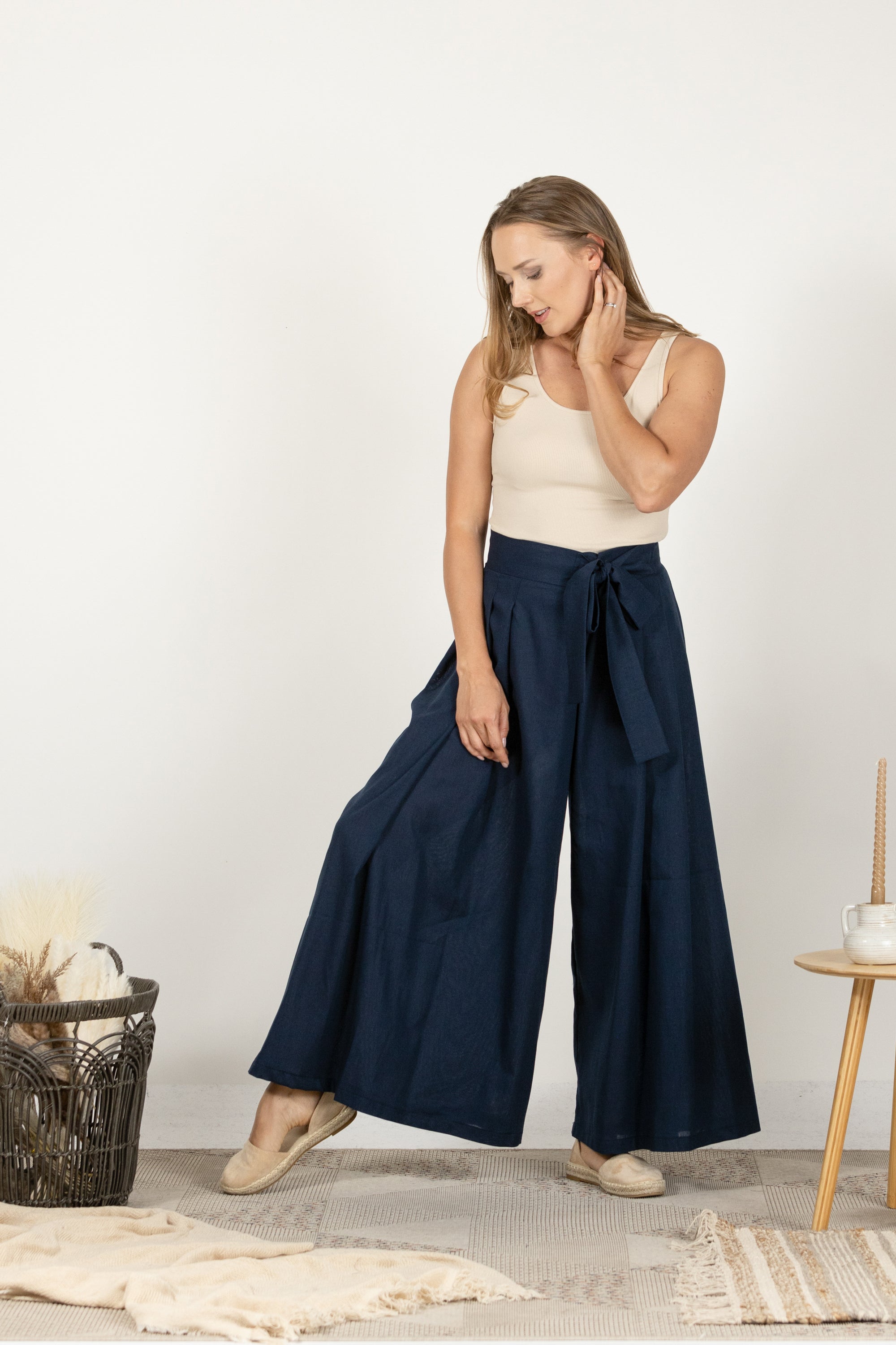 Dark Blue Wide Leg Linen Pants