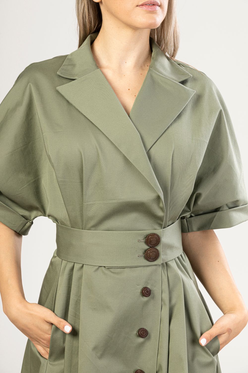Wide Sleeves Cotton Shirt Dress with a focus on the collar, belted waist and buttons - from NikkaPlace | Effortless fashion for easy living