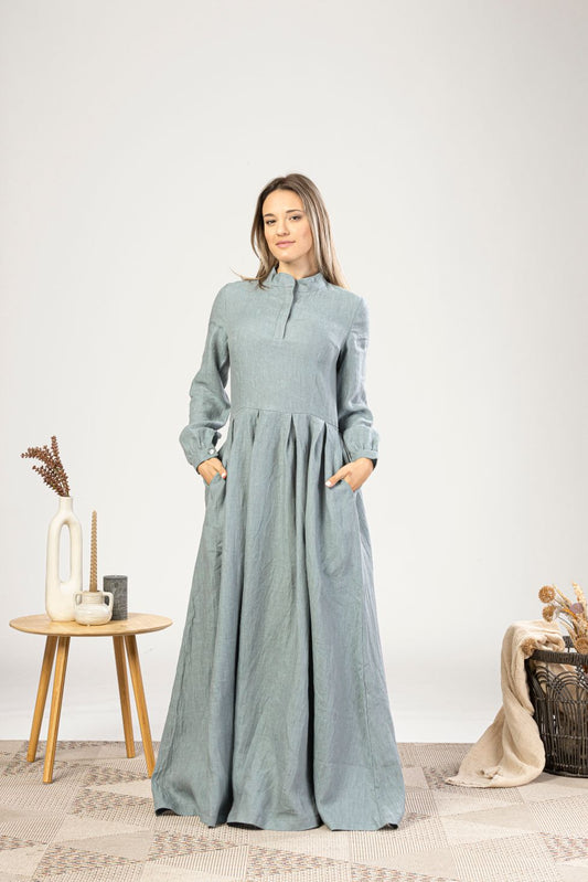Stylish and comfortable Dusty Blue Linen Prairie Maxi Dress - from NikkaPlace | Effortless fashion for easy living