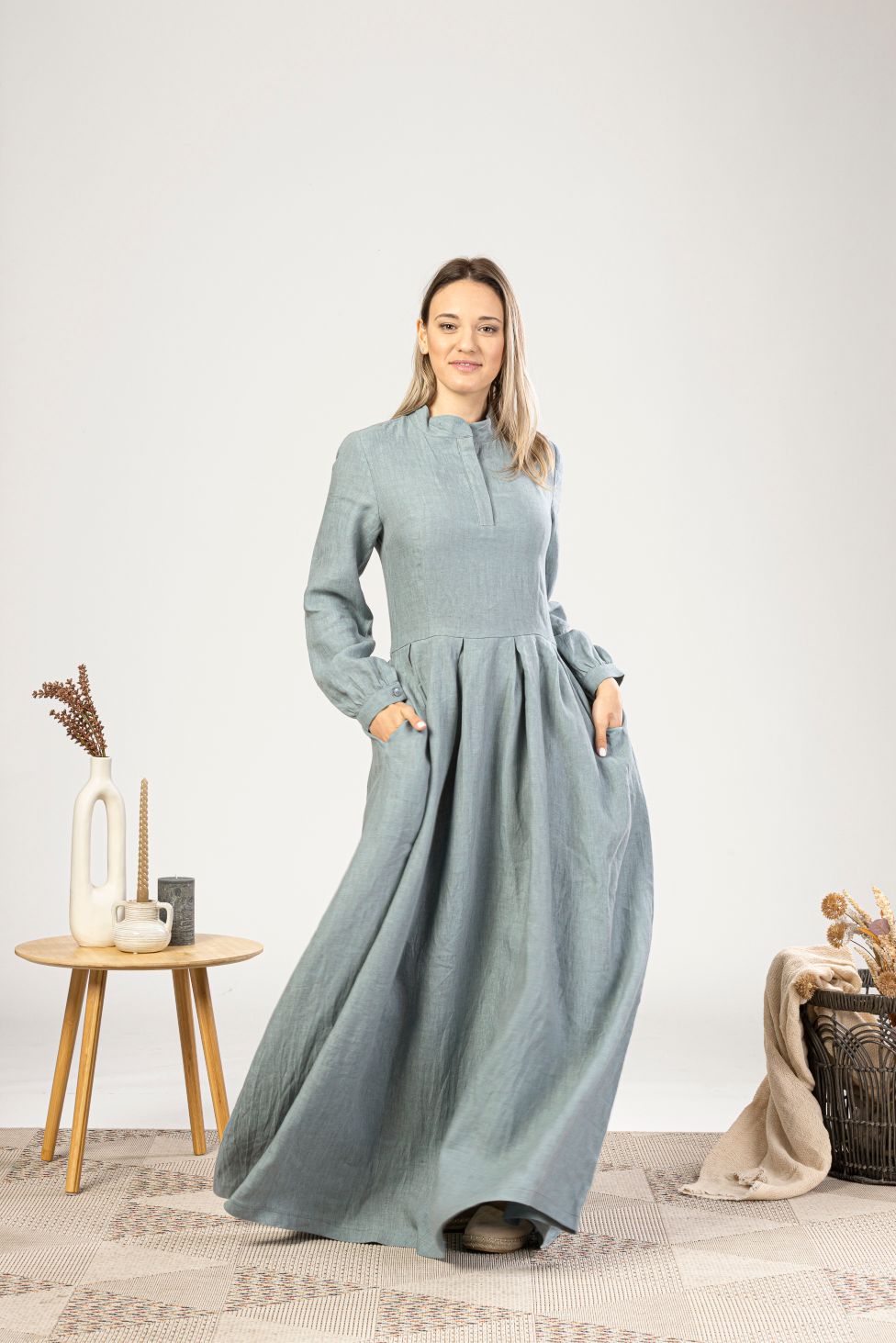 Dusty Blue Linen Prairie Maxi Dress for summer days - from NikkaPlace | Effortless fashion for easy living