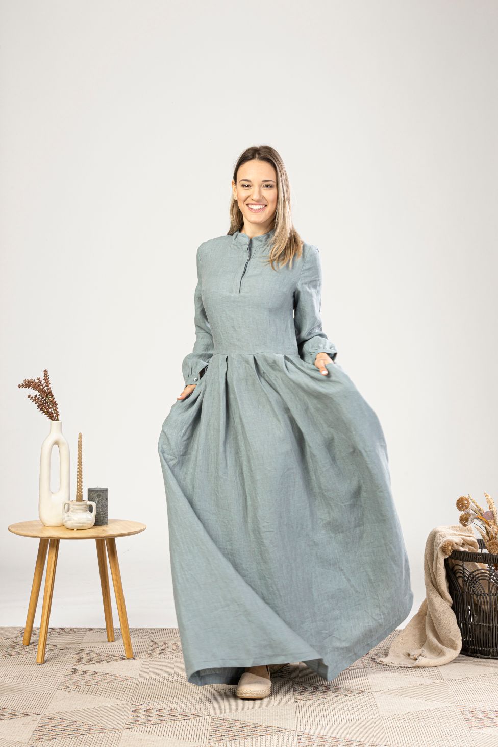 Dusty Blue Linen Prairie Maxi Dress with a collar - from NikkaPlace | Effortless fashion for easy living