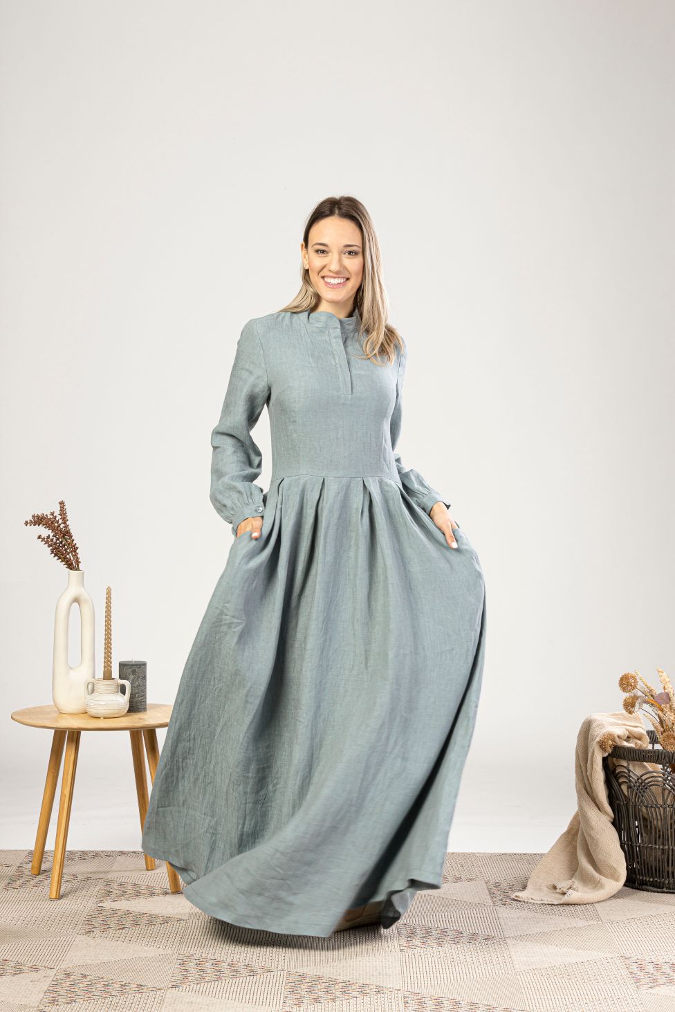Dusty Blue Linen Prairie Maxi Dress for summer warm days - from NikkaPlace | Effortless fashion for easy living