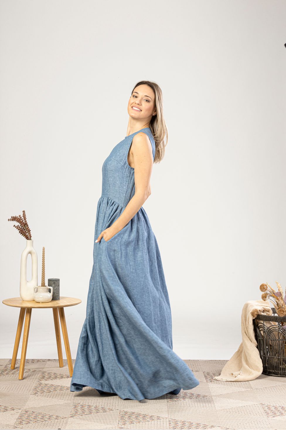 Full Length Linen Smock Dress from the side view - from NikkaPlace | Effortless fashion for easy living