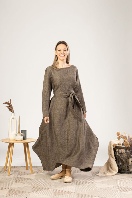 Brown Melange Oversized Linen Maxi Dress ideal for summer days - from NikkaPlace | Effortless fashion for easy living