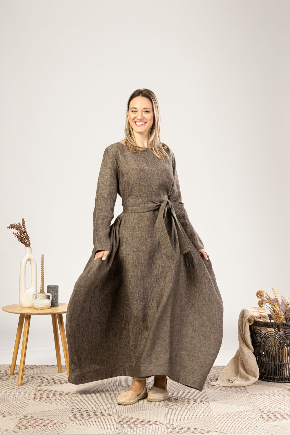 Brown Melange Oversized Linen Maxi Dress with a belt around the waist - from NikkaPlace | Effortless fashion for easy living