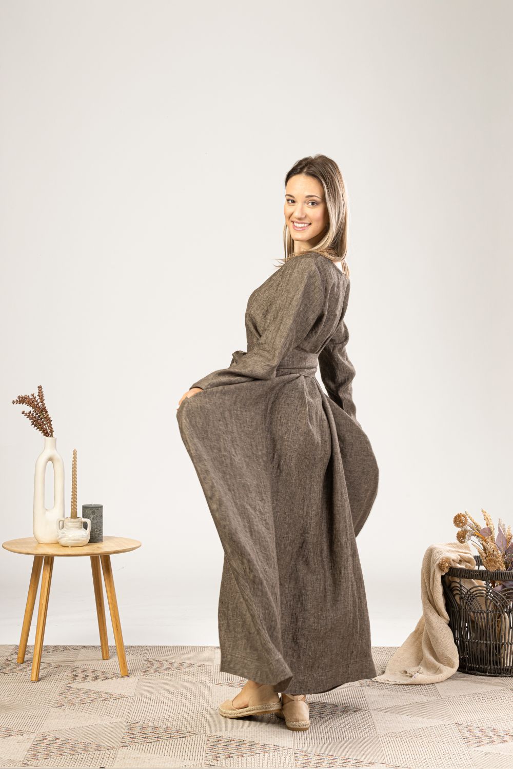 Brown Melange Oversized Linen Maxi Dress from the side view - from NikkaPlace | Effortless fashion for easy living
