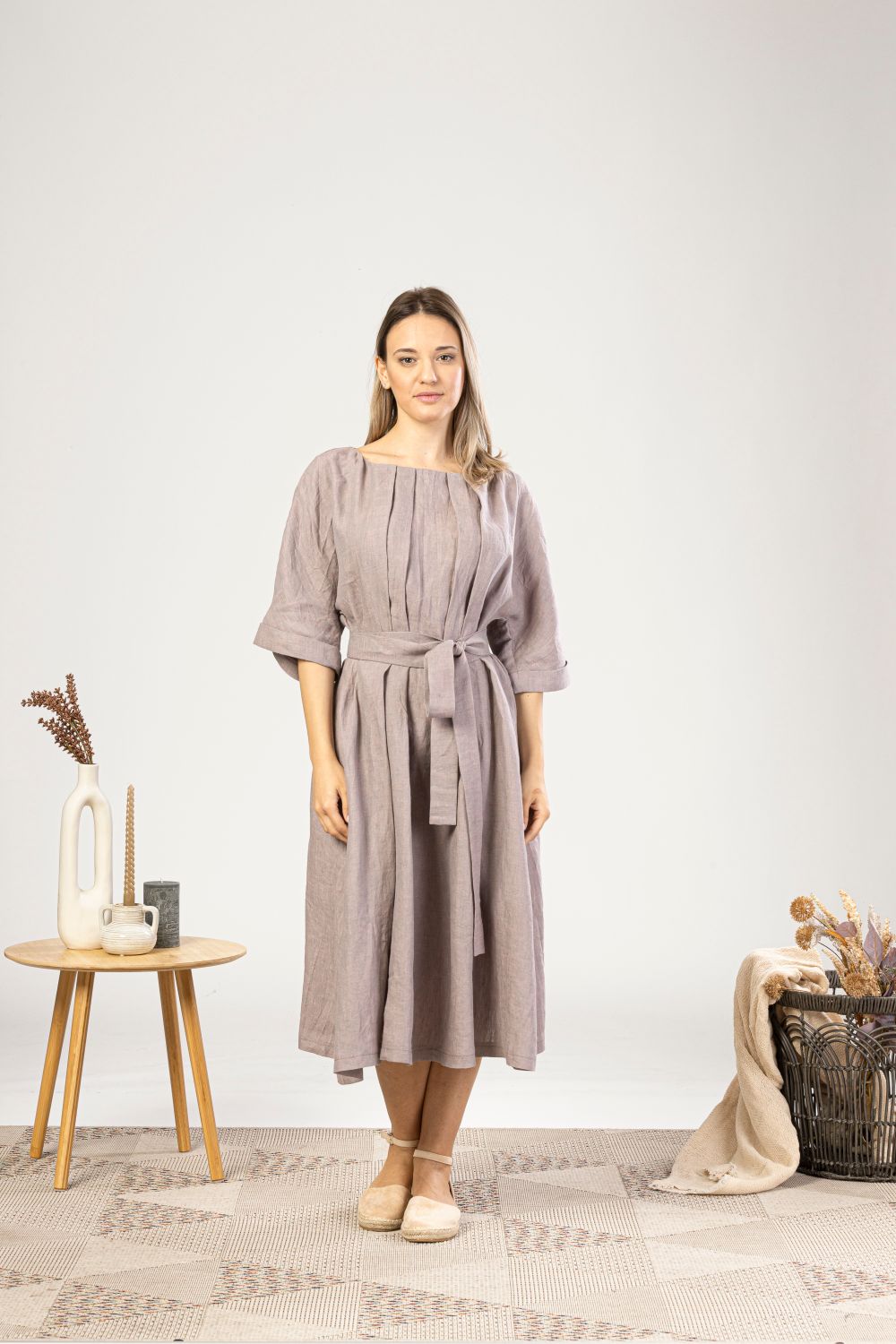 Midi Linen Belted Dress in muted lavender color from the front view - from NikkaPlace | Effortless fashion for easy living