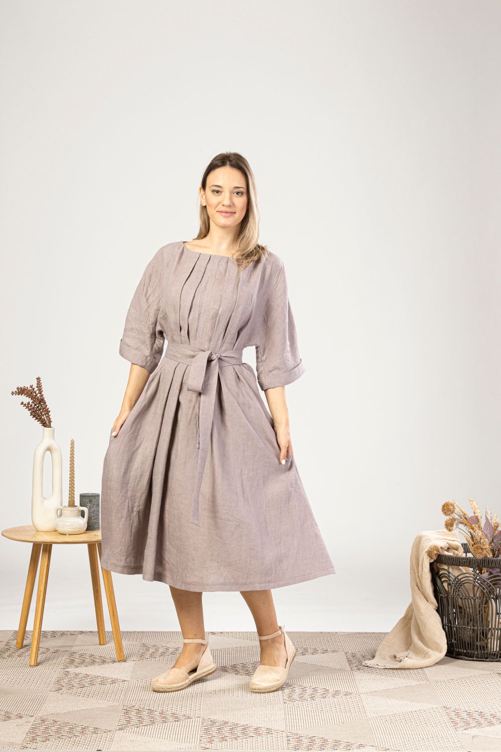 Muted Lavender Midi Linen Belted Dress with a belt  - from NikkaPlace | Effortless fashion for easy living