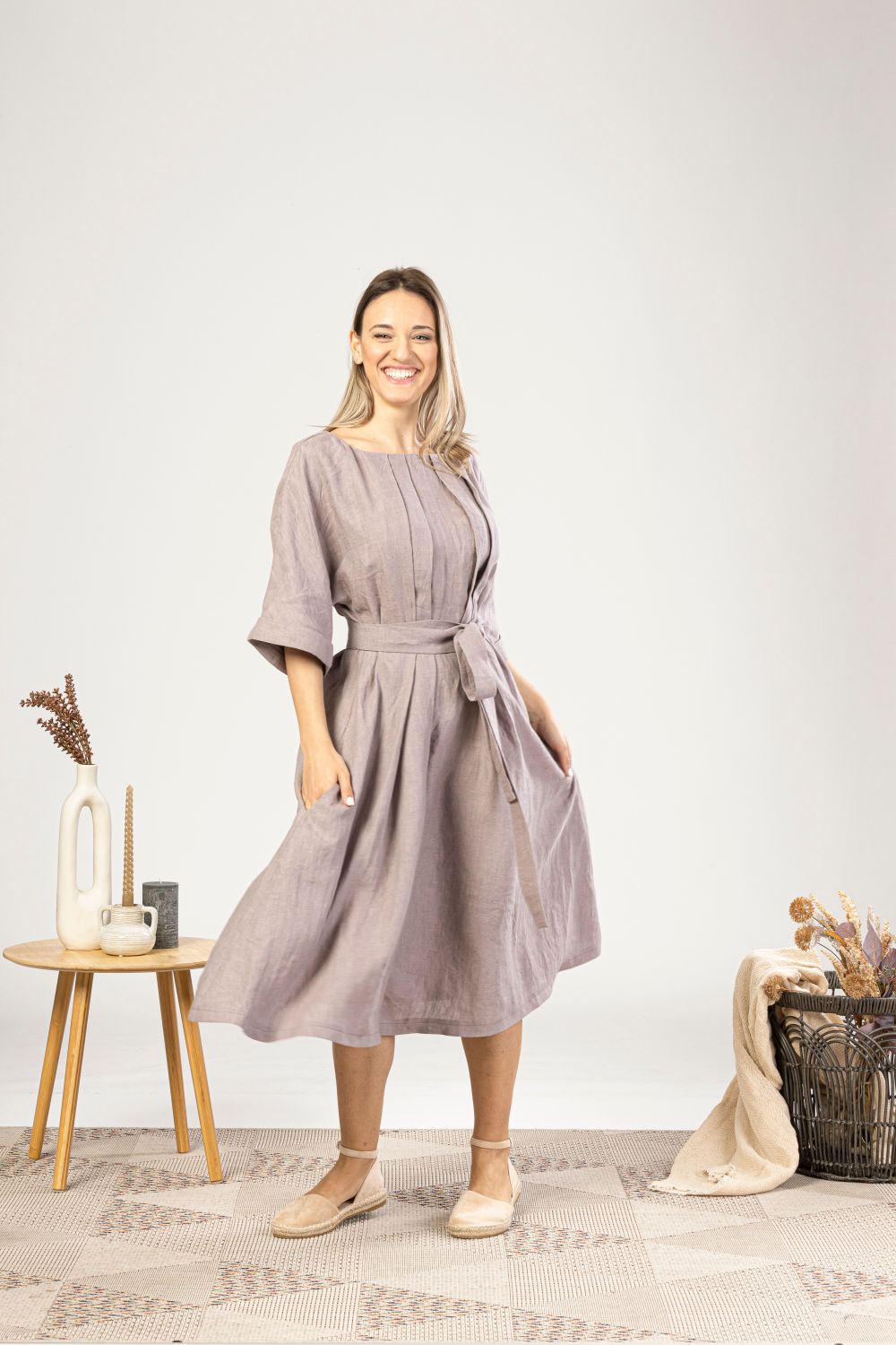 Muted Lavender Midi Linen Belted Dress for comfortable summer days   - from NikkaPlace | Effortless fashion for easy living