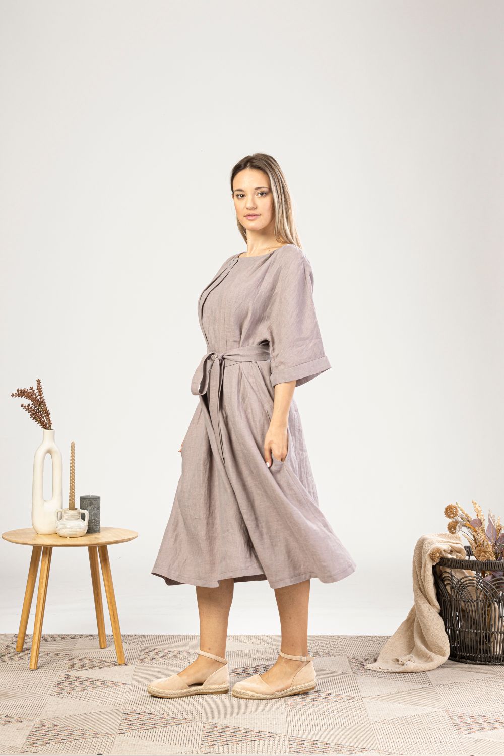 Muted Lavender Midi Linen Belted Dress with slevees - from NikkaPlace | Effortless fashion for easy living