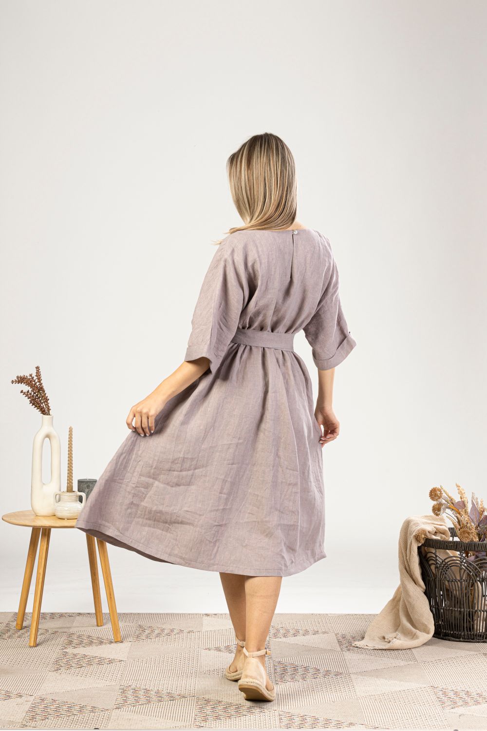 Muted Lavender Midi Linen Belted Dress from the side view - from NikkaPlace | Effortless fashion for easy living