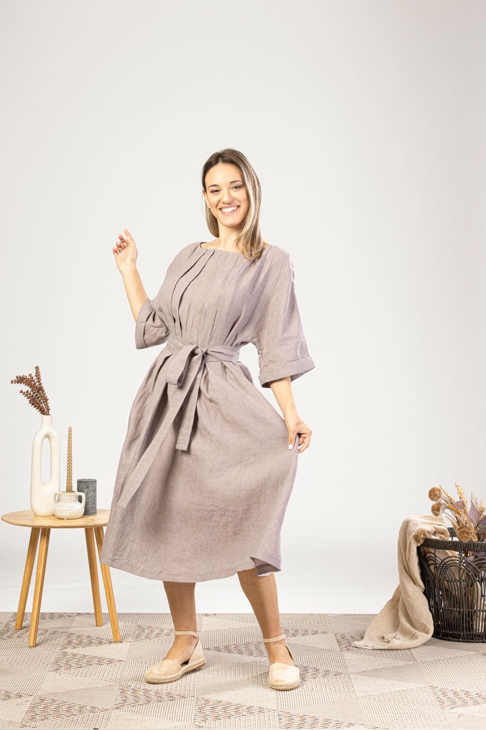 Midi Linen Belted Dress in muted lavender color - from NikkaPlace | Effortless fashion for easy living