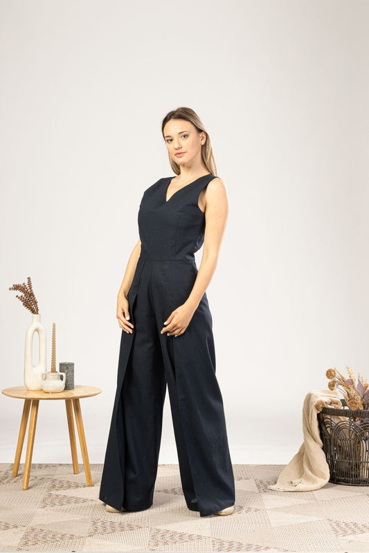 Black Linen Maxi Jumpsuit with Flaps from the front side - from NikkaPlace | Effortless fashion for easy living