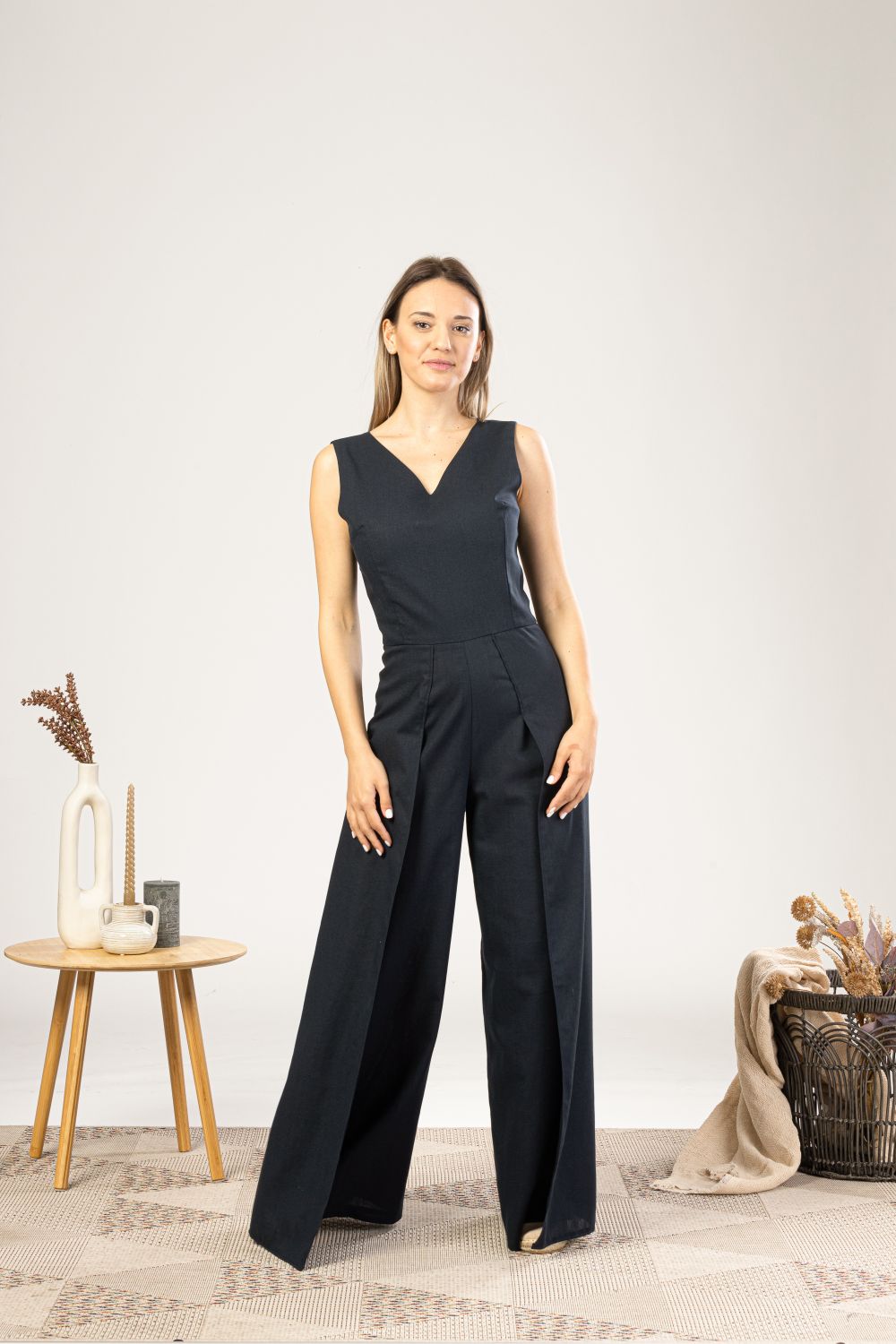 Black Linen Maxi Jumpsuit with Flaps  from the front side view- from NikkaPlace | Effortless fashion for easy living