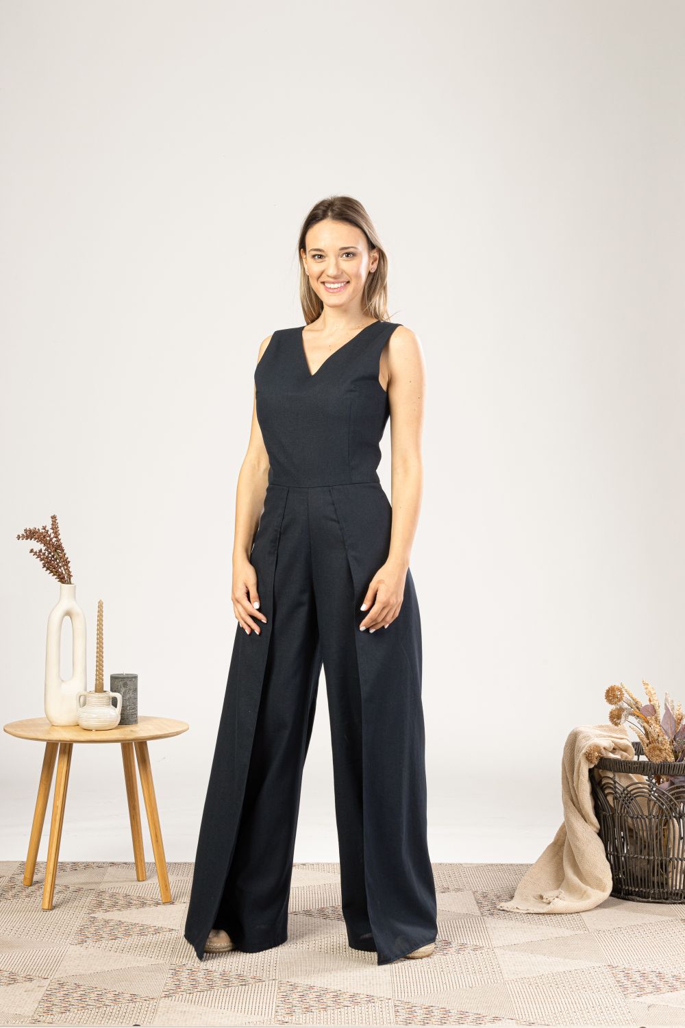 Black Linen Maxi Jumpsuit with Flaps for causal or formal wear - from NikkaPlace | Effortless fashion for easy living
