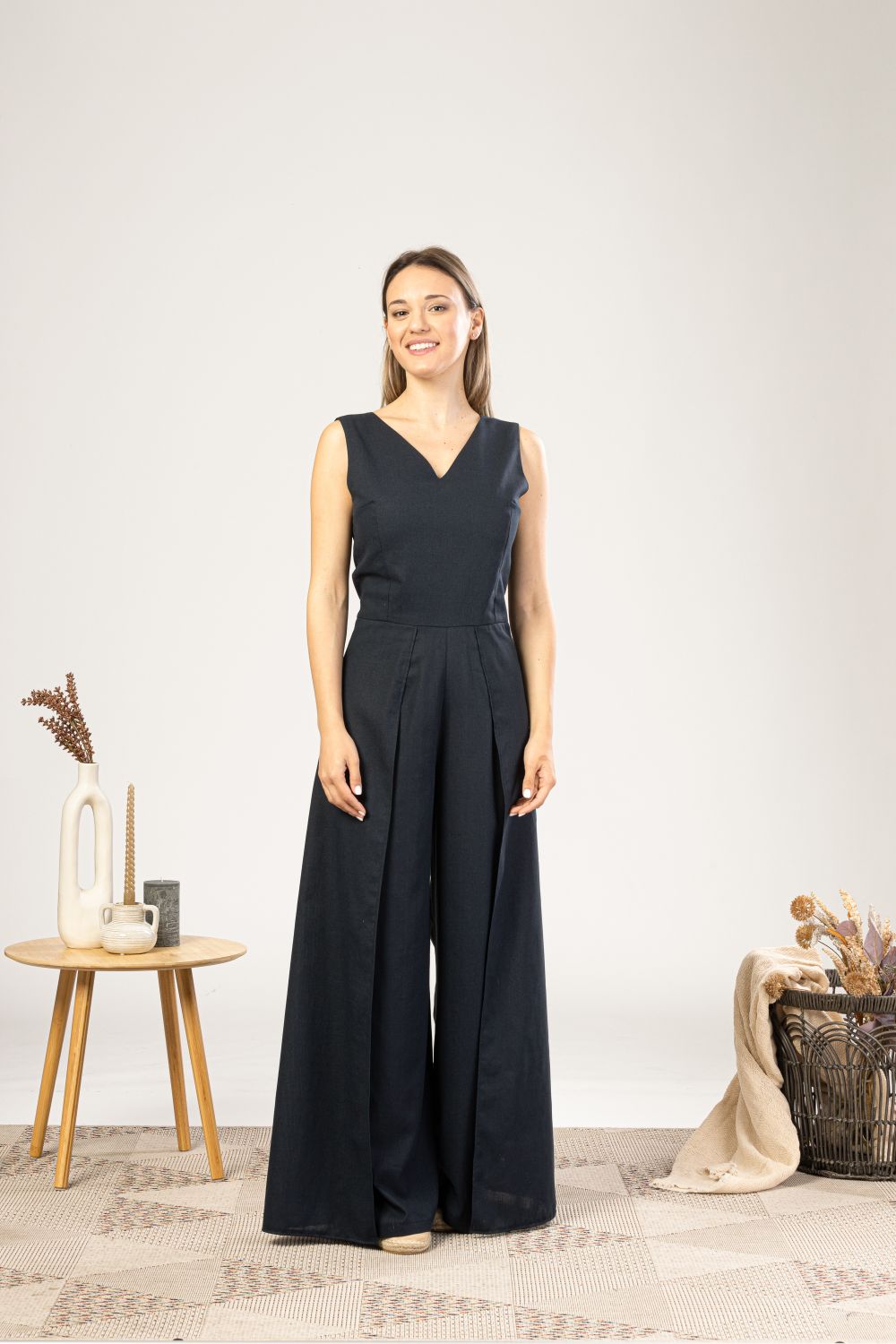 Black Linen Maxi Jumpsuit with Flaps for everday summer outfit- from NikkaPlace | Effortless fashion for easy living