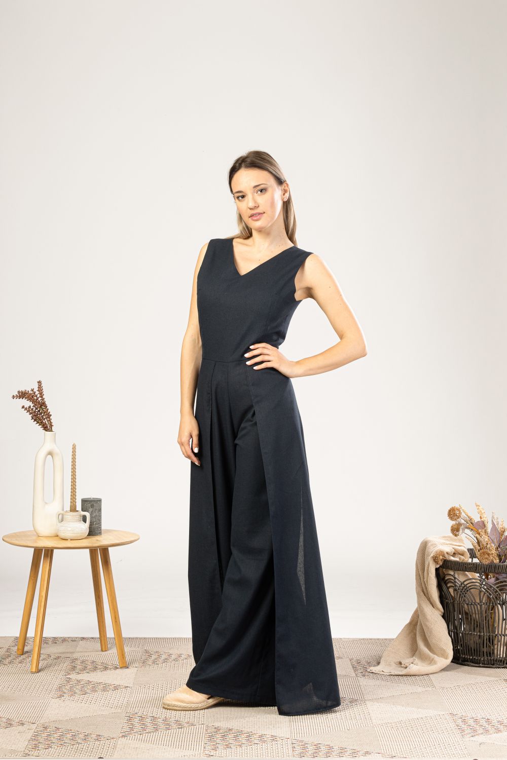 Black Linen Maxi Jumpsuit with Flaps for hot days- from NikkaPlace | Effortless fashion for easy living