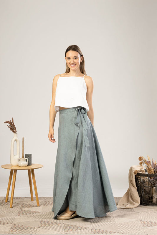 Dusty Blue Linen Wrap Maxi Skirt - from NikkaPlace | Effortless fashion for easy living