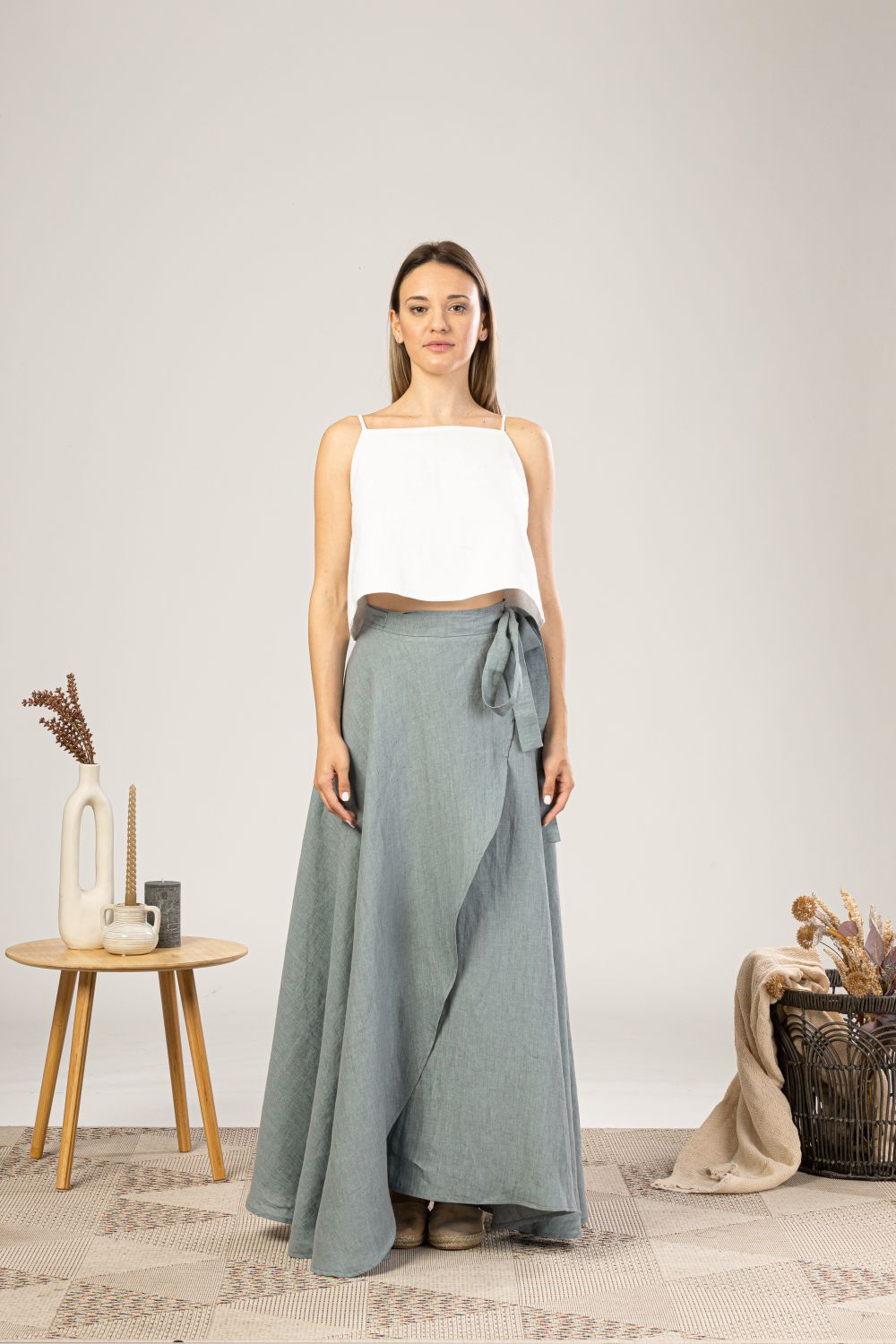 Dusty Blue Linen Wrap Maxi Skirt from the front view - from NikkaPlace | Effortless fashion for easy living