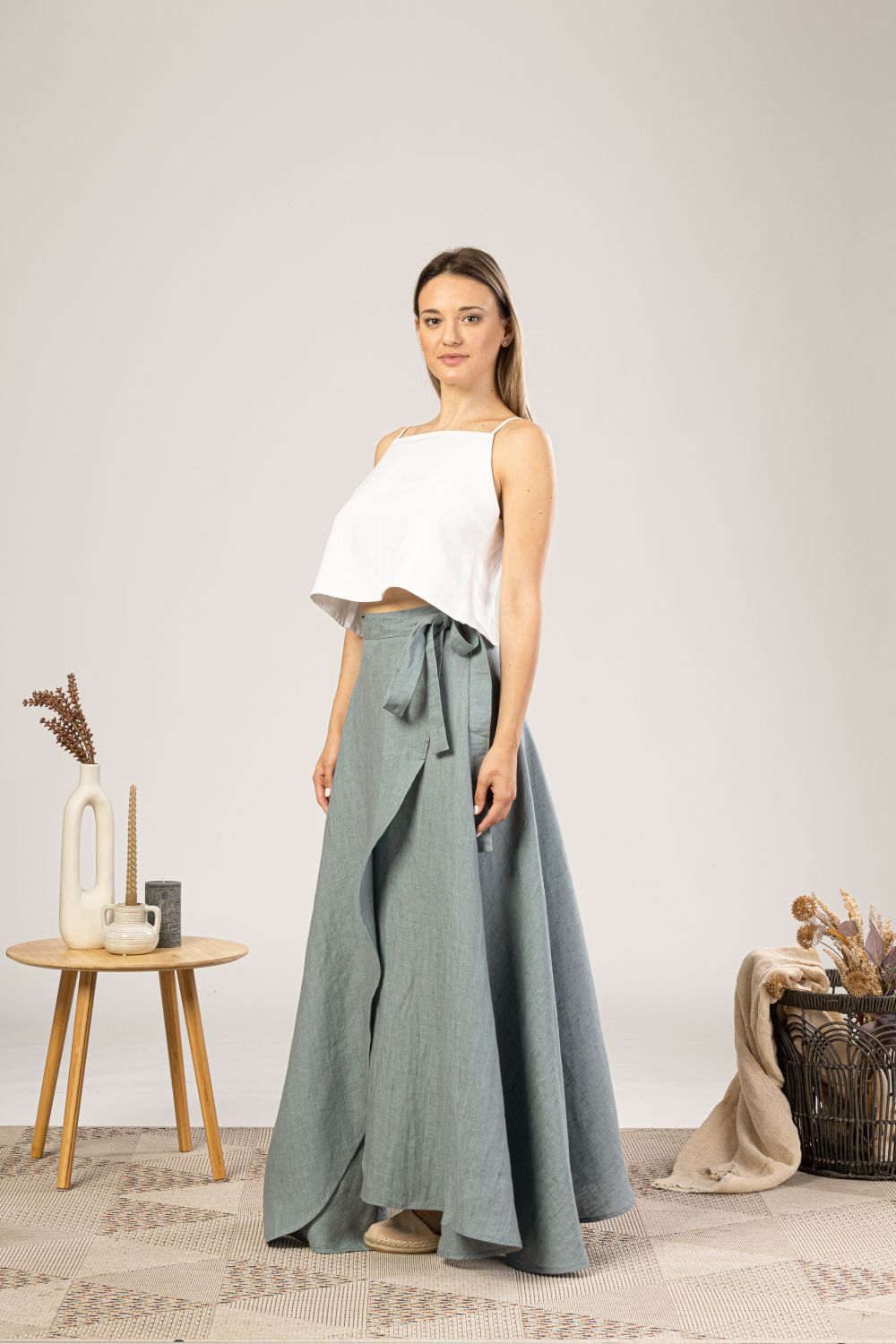 Dusty Blue Linen Wrap Maxi Skirt from NikkaPlace Effortless fashion for easy living