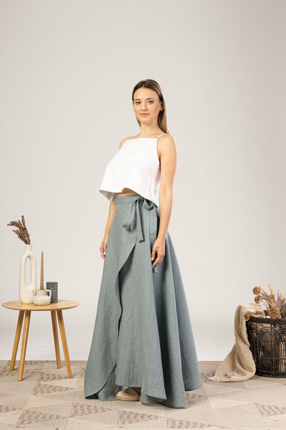 Dusty Blue Linen Wrap Maxi Skirt from the side view - from NikkaPlace | Effortless fashion for easy living