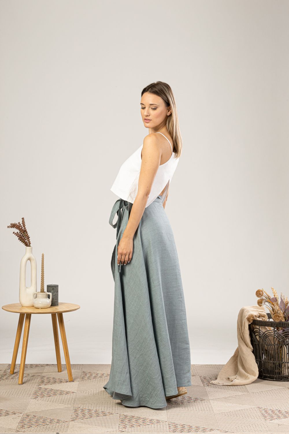 Dusty Blue Linen Wrap Maxi Skirt for hot sunny days - from NikkaPlace | Effortless fashion for easy living