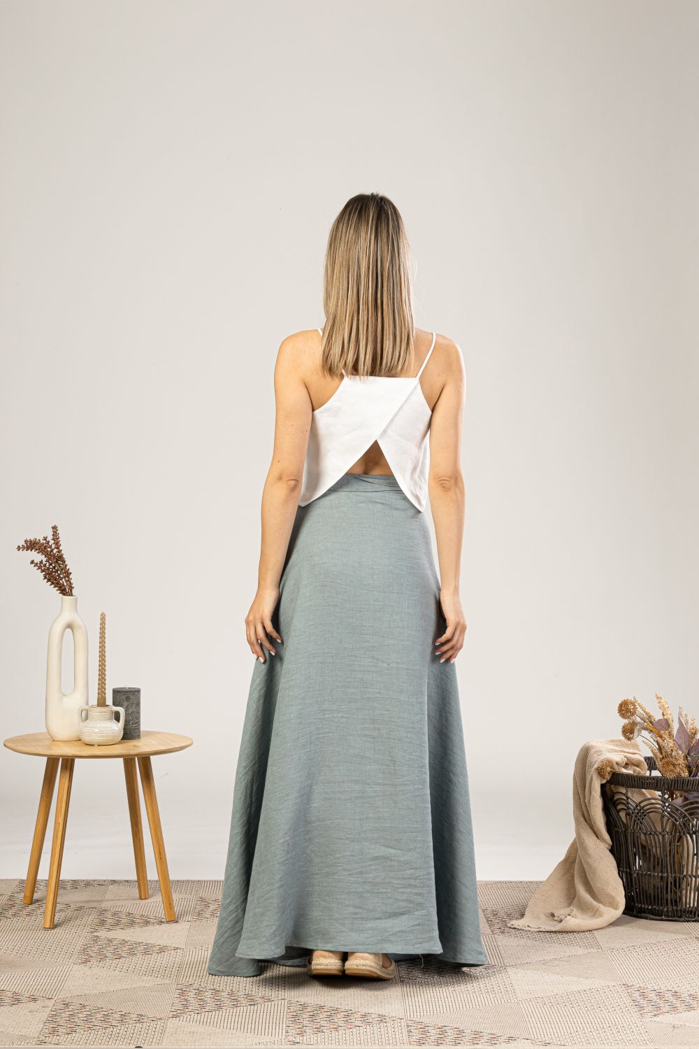 Dusty Blue Linen Wrap Maxi Skirt from the back view - from NikkaPlace | Effortless fashion for easy living