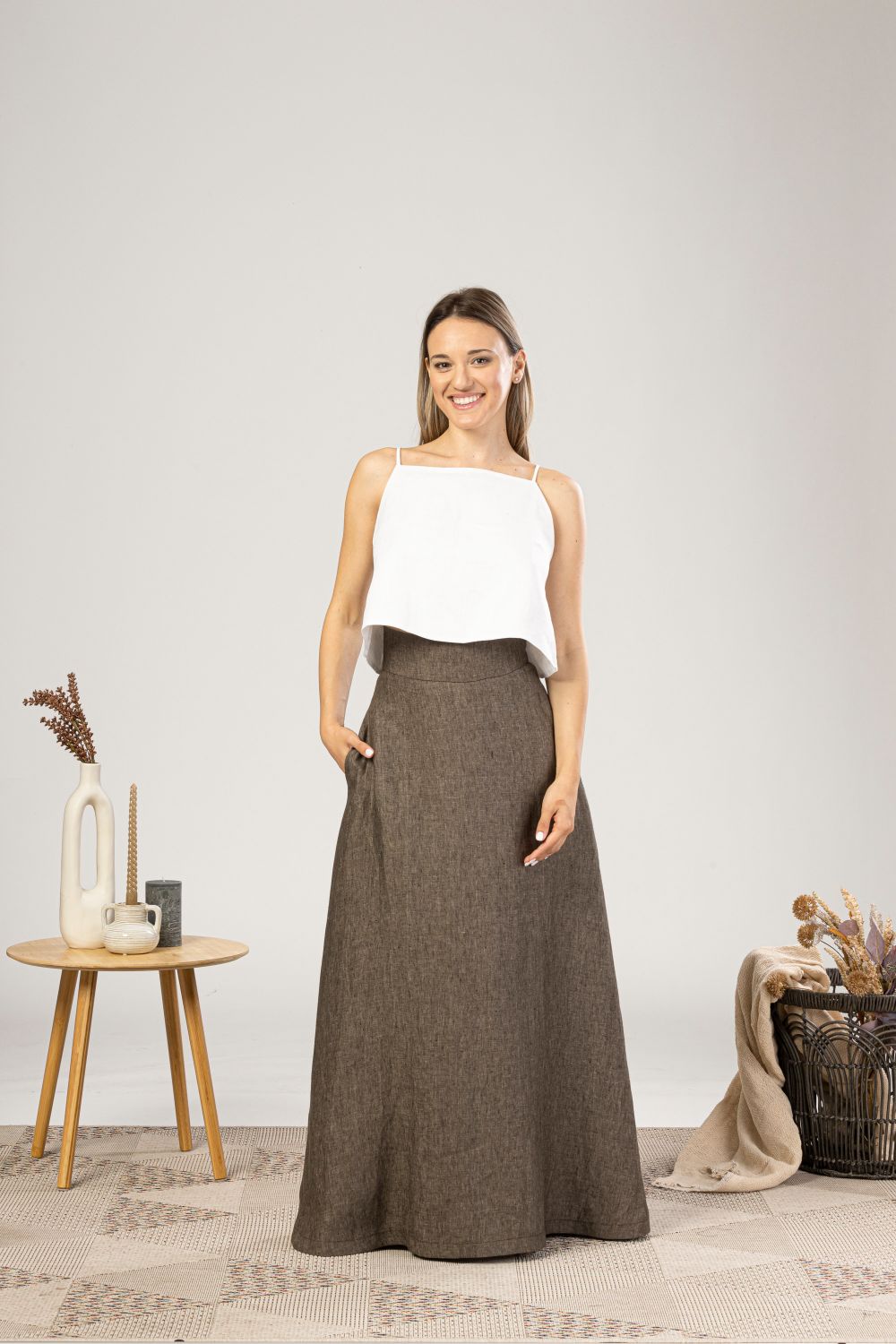 Brown Melange Minimalist High Waist Linen Maxi Skirt - from NikkaPlace | Effortless fashion for easy living