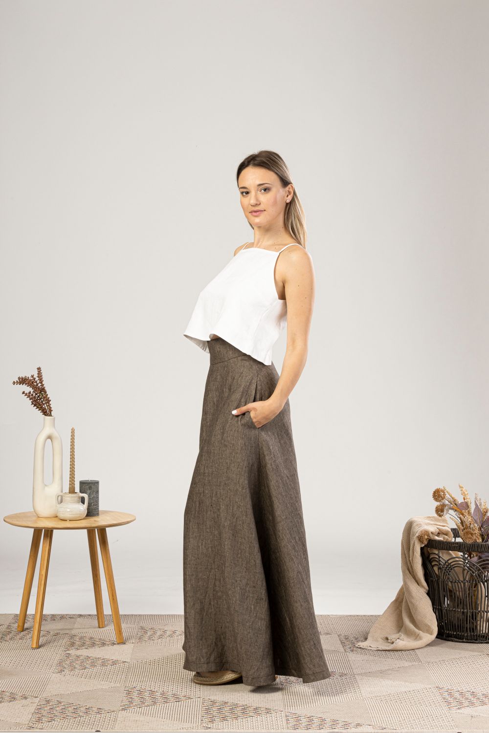Brown Melange Minimalist High Waist Linen Maxi Skirt from the side view - from NikkaPlace | Effortless fashion for easy living