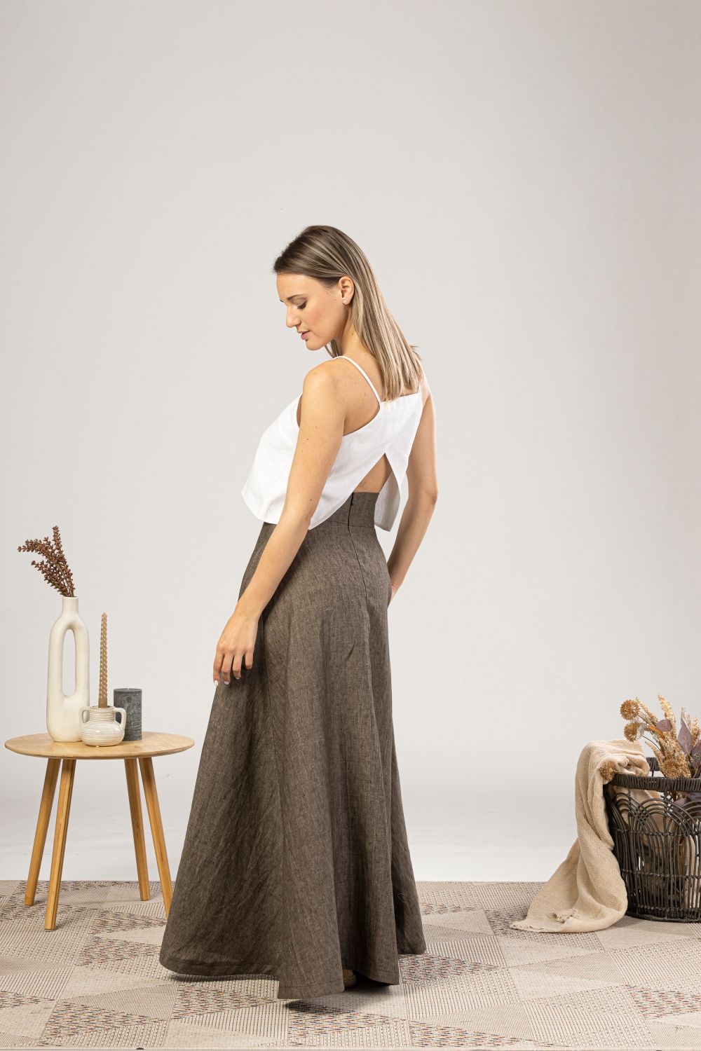 Brown Melange Minimalist High Waist Linen Maxi Skirt ideal for summer outfits - from NikkaPlace | Effortless fashion for easy living