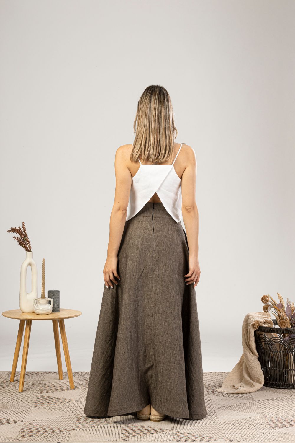 Brown Melange Minimalist High Waist Linen Maxi Skirt from the back view - from NikkaPlace | Effortless fashion for easy living