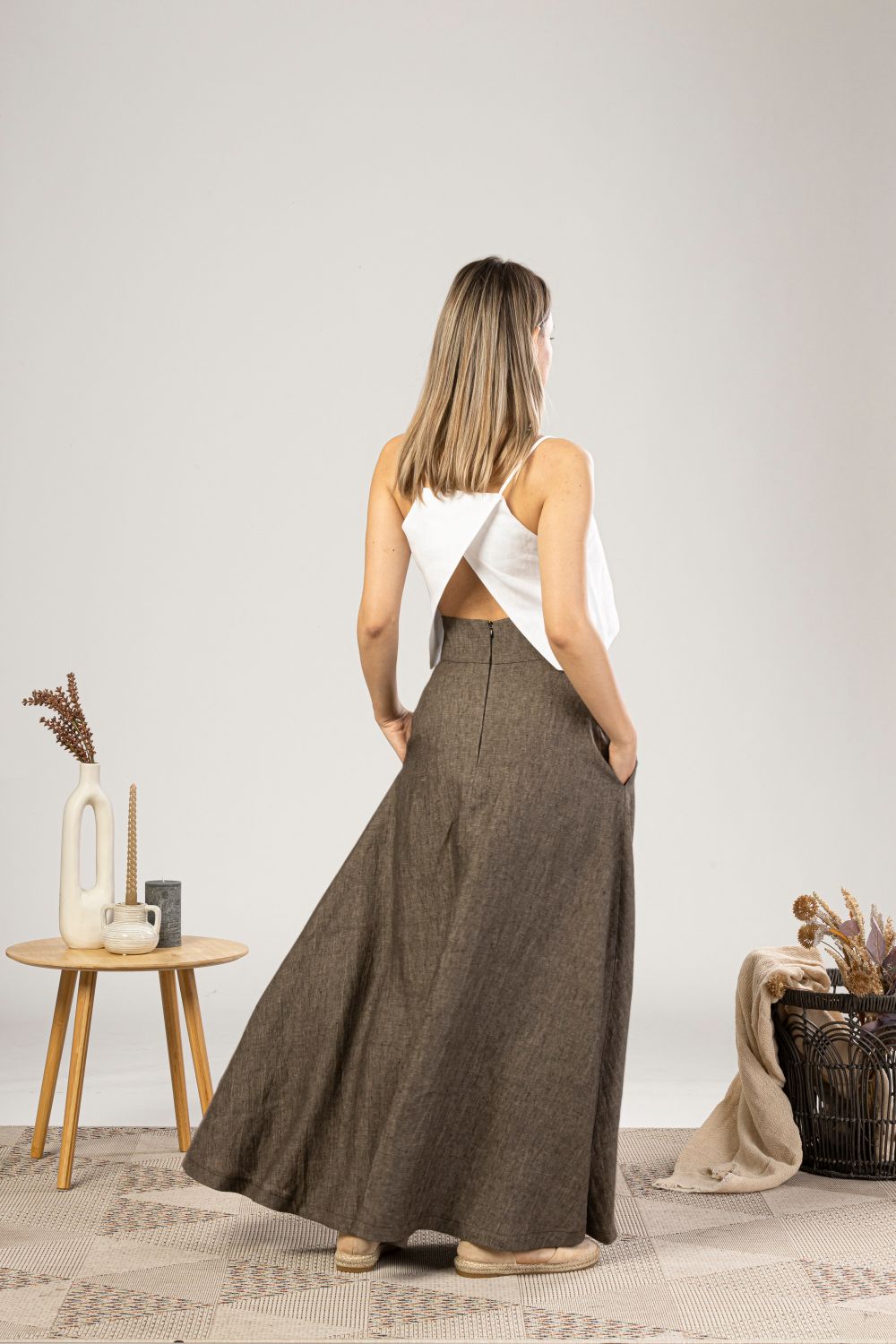 Brown Melange Minimalist High Waist Linen Maxi Skirt with a zip closure - from NikkaPlace | Effortless fashion for easy living