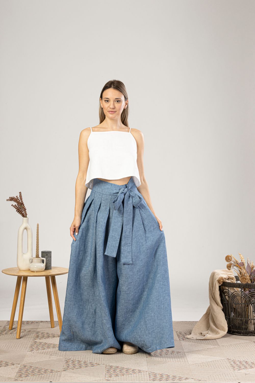 Blue Melange Wide Leg Linen Pants - from NikkaPlace | Effortless fashion for easy living