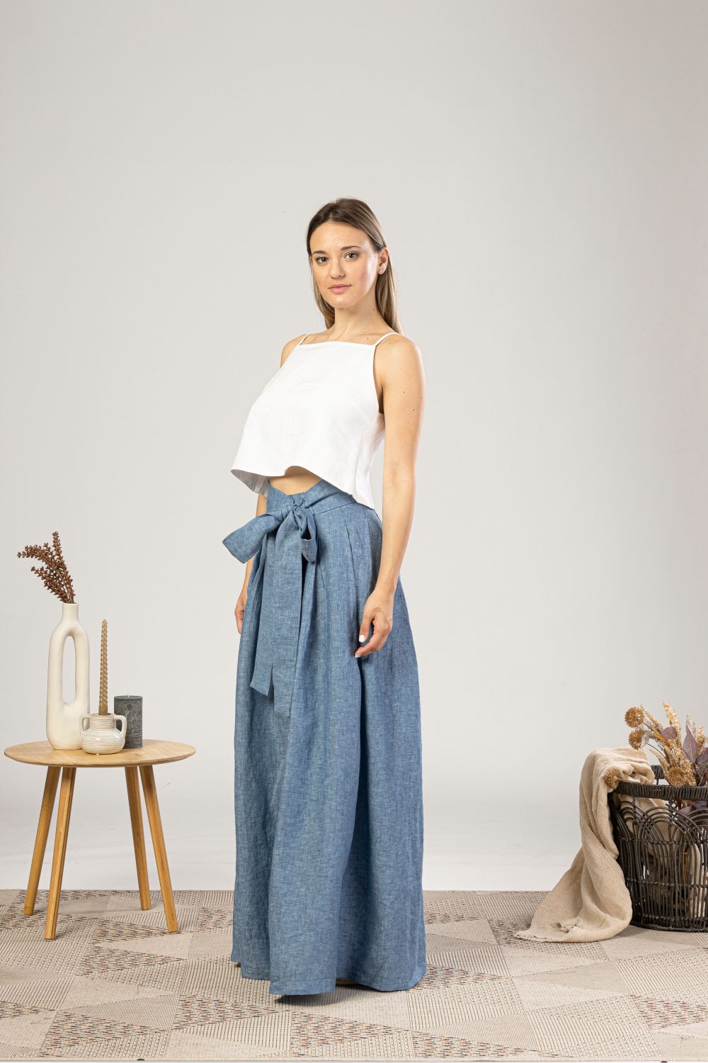 Blue Melange Wide Leg Linen Pants from the side view - from NikkaPlace | Effortless fashion for easy living