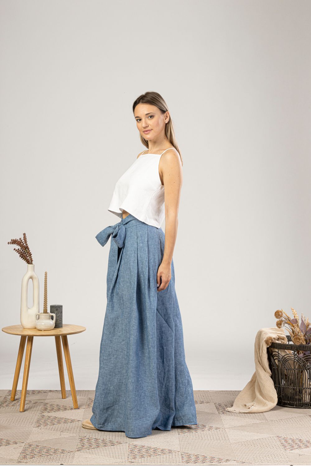 Blue Melange Wide Leg Linen Pants with a design belt ribbon - from NikkaPlace | Effortless fashion for easy living